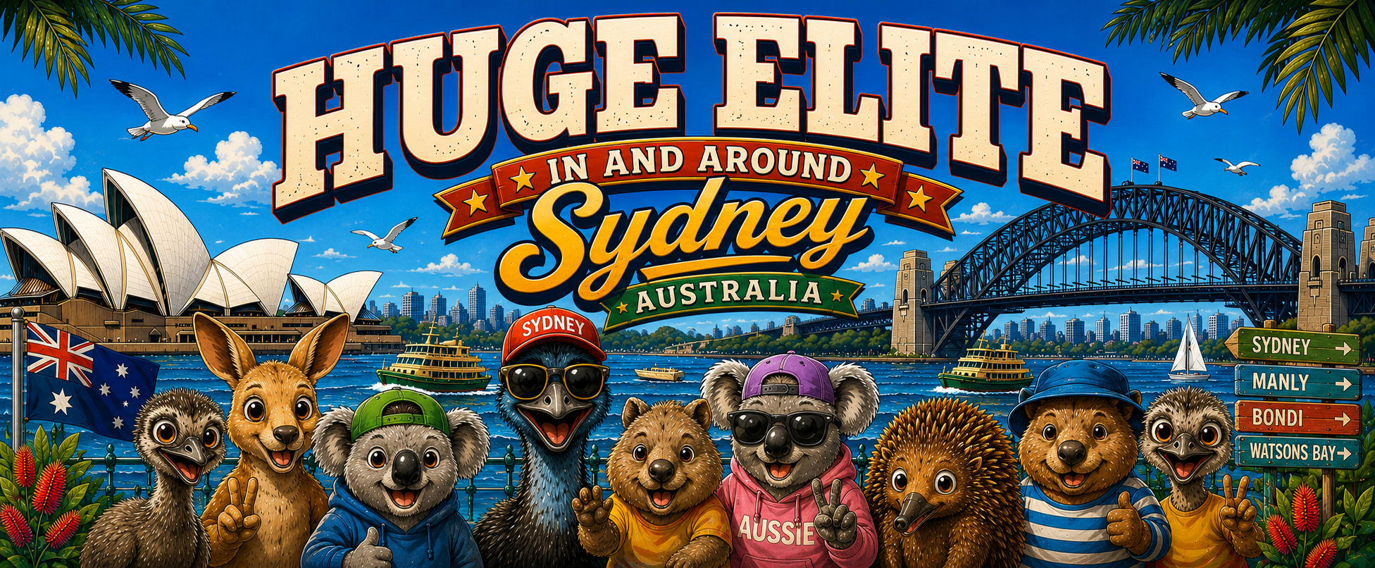 A panoramic illustration of Huge Elite animal characters in Sydney Harbour with the Opera House, Harbour Bridge, and iconic beach destination signs.