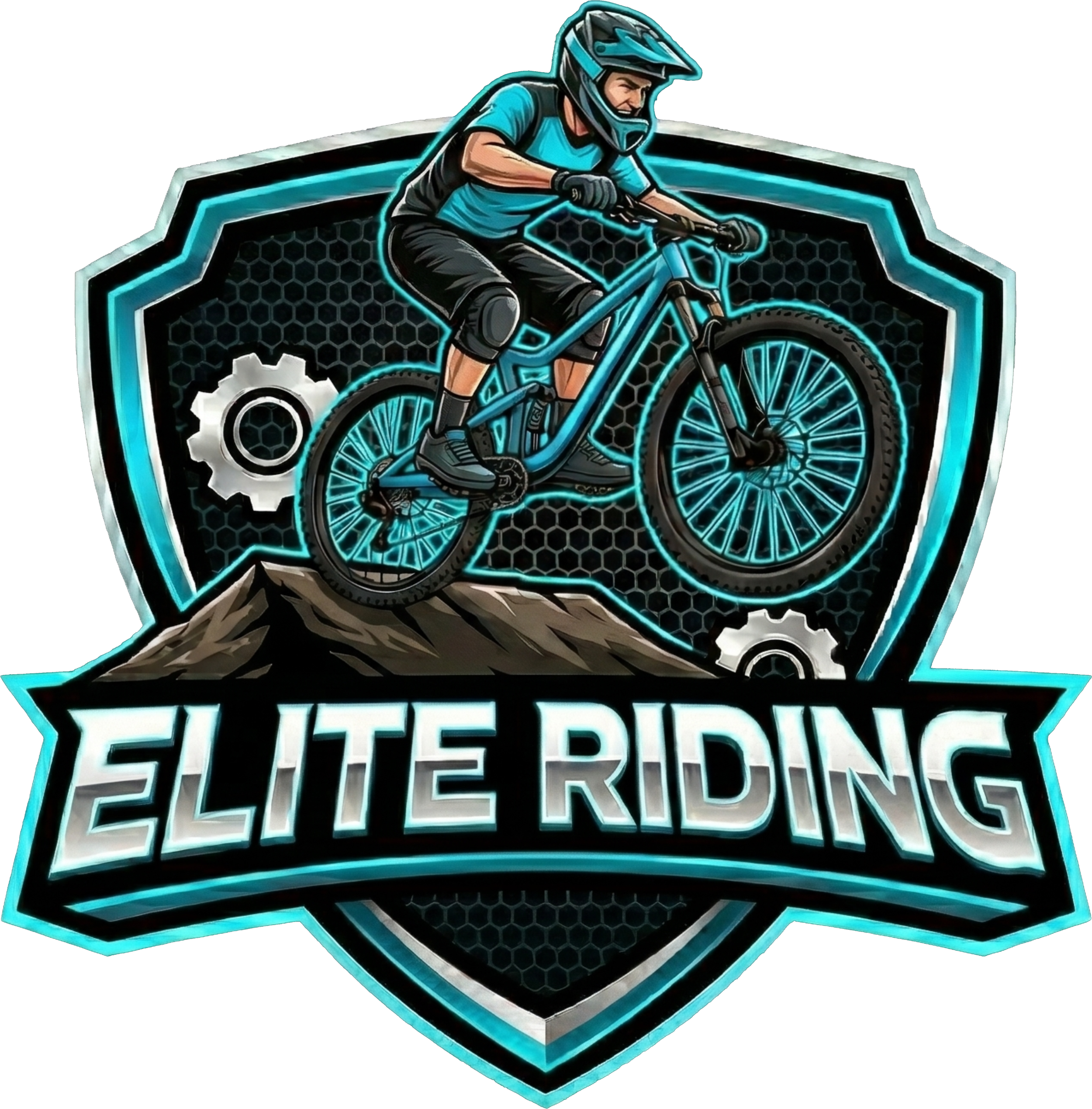 ELITE RIDING // METALLIC SHIELD LOGO, CYAN AND SILVER NEON ACCENTS, MALE RIDER JUMPING MOUNTAIN BIKE, HIGH-IMPACT SILVER TEXT.