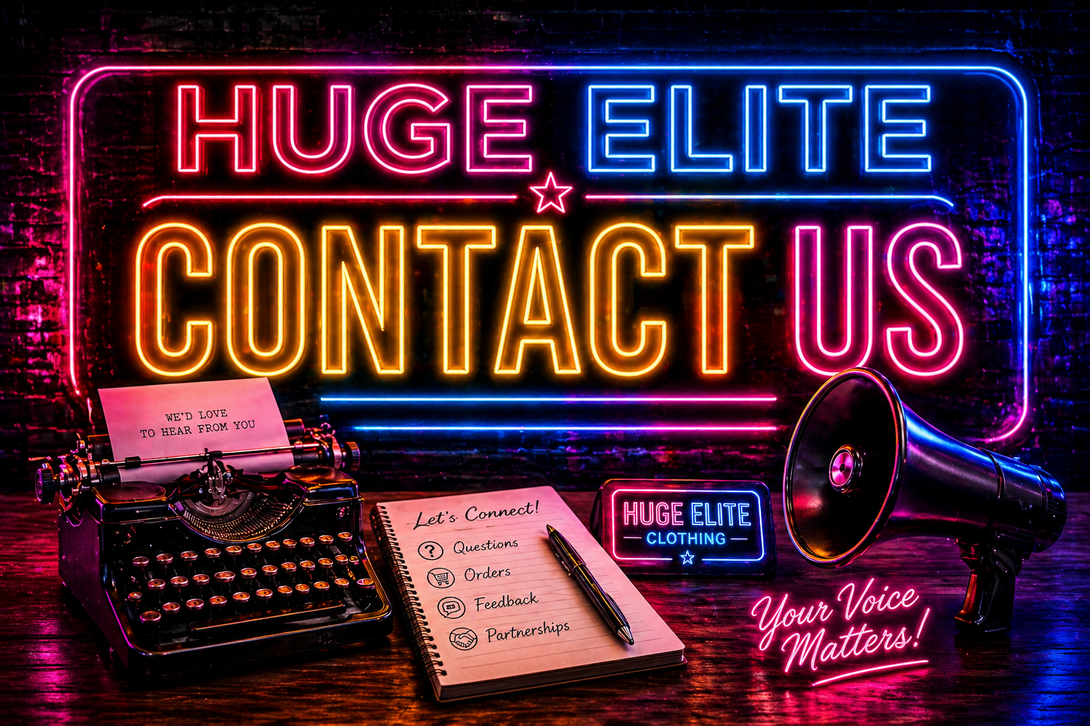 Huge Elite contact banner, vintage typewriter, silver megaphone, executive pen, neon cyan pink lighting, metallic shield logo, support inquiries graphic, urban brand office, dark lifestyle photography, customer service banner