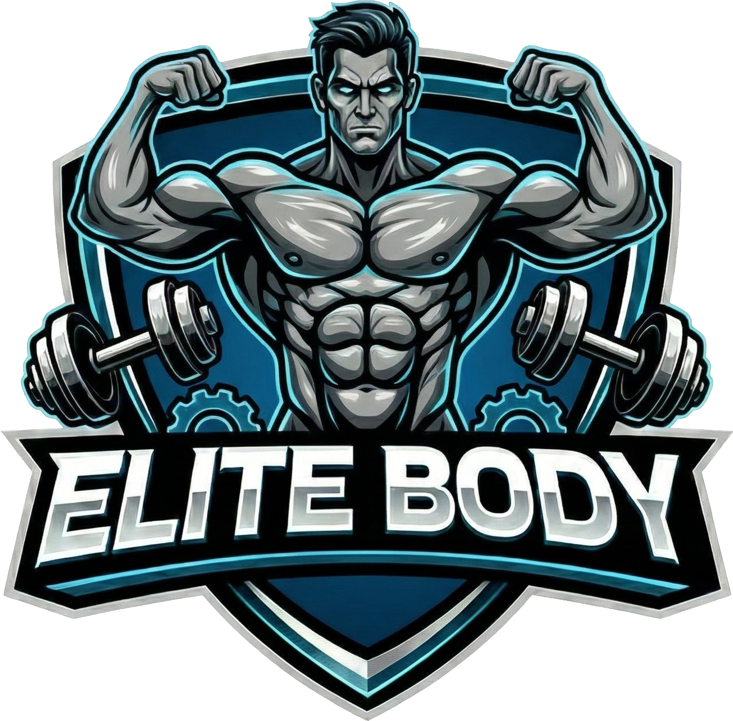 Silver metallic bodybuilder flexing in cyan neon shield, Elite Body fitness logo, chrome bodybuilding emblem, blue neon gym branding