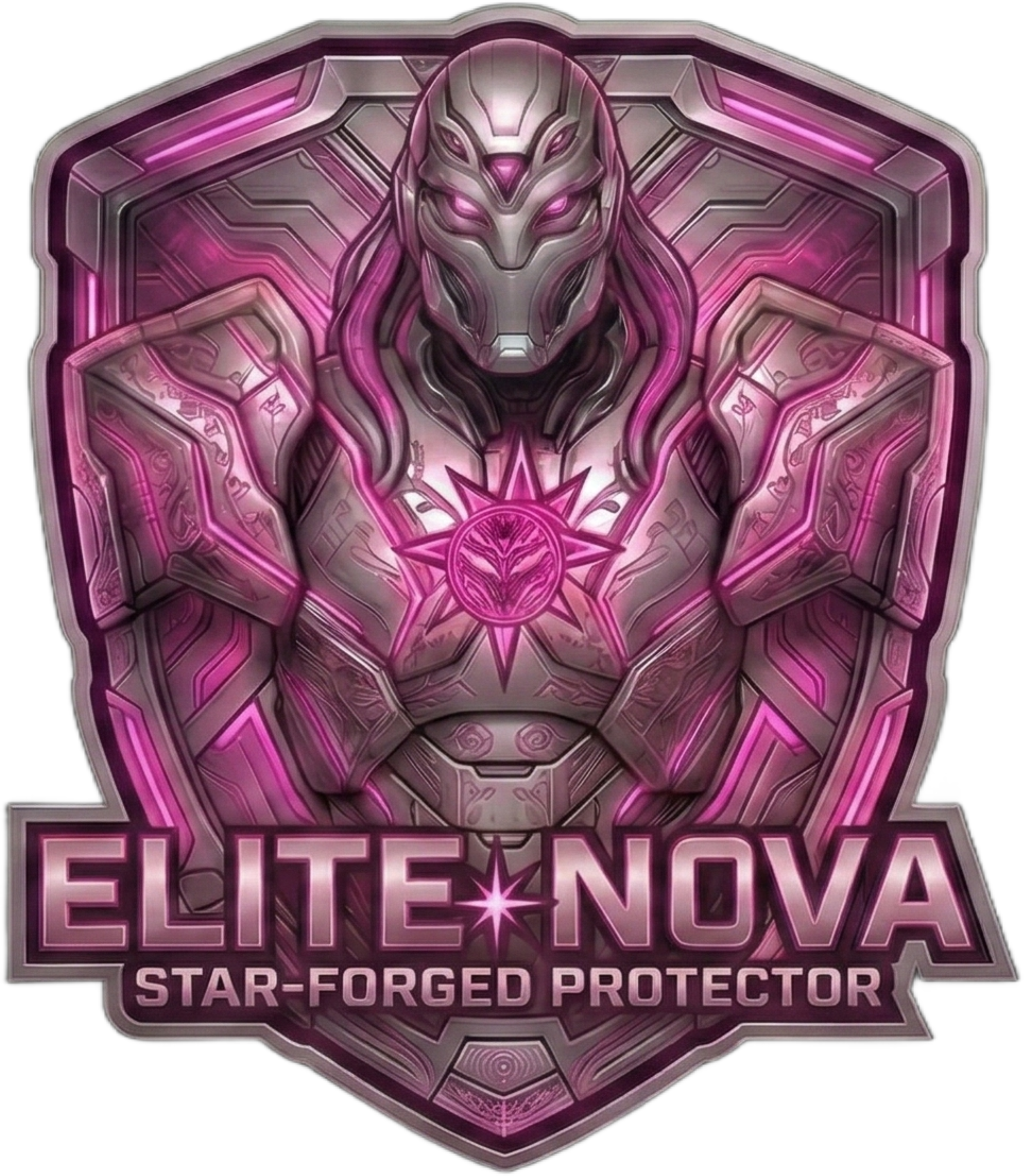 ELITE NOVA // STAR-FORGED PROTECTOR LOGO, METALLIC MAGENTA ARMOR, SHIELD EMBLEM, BLACK BACKGROUND.
