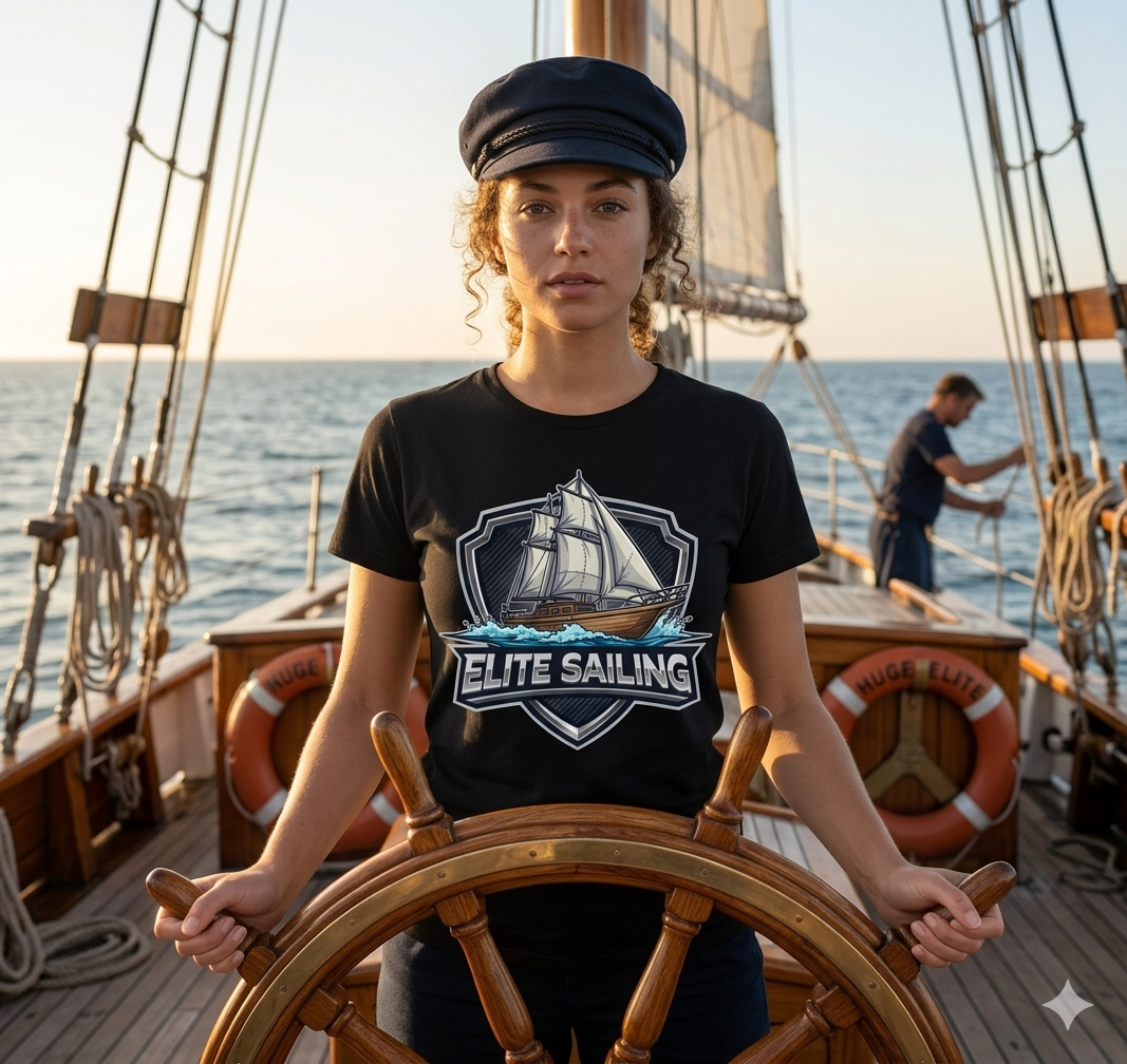 Female captain holding ship's wheel, Elite Sailing neon logo shirt, sailboat graphic, maritime apparel.