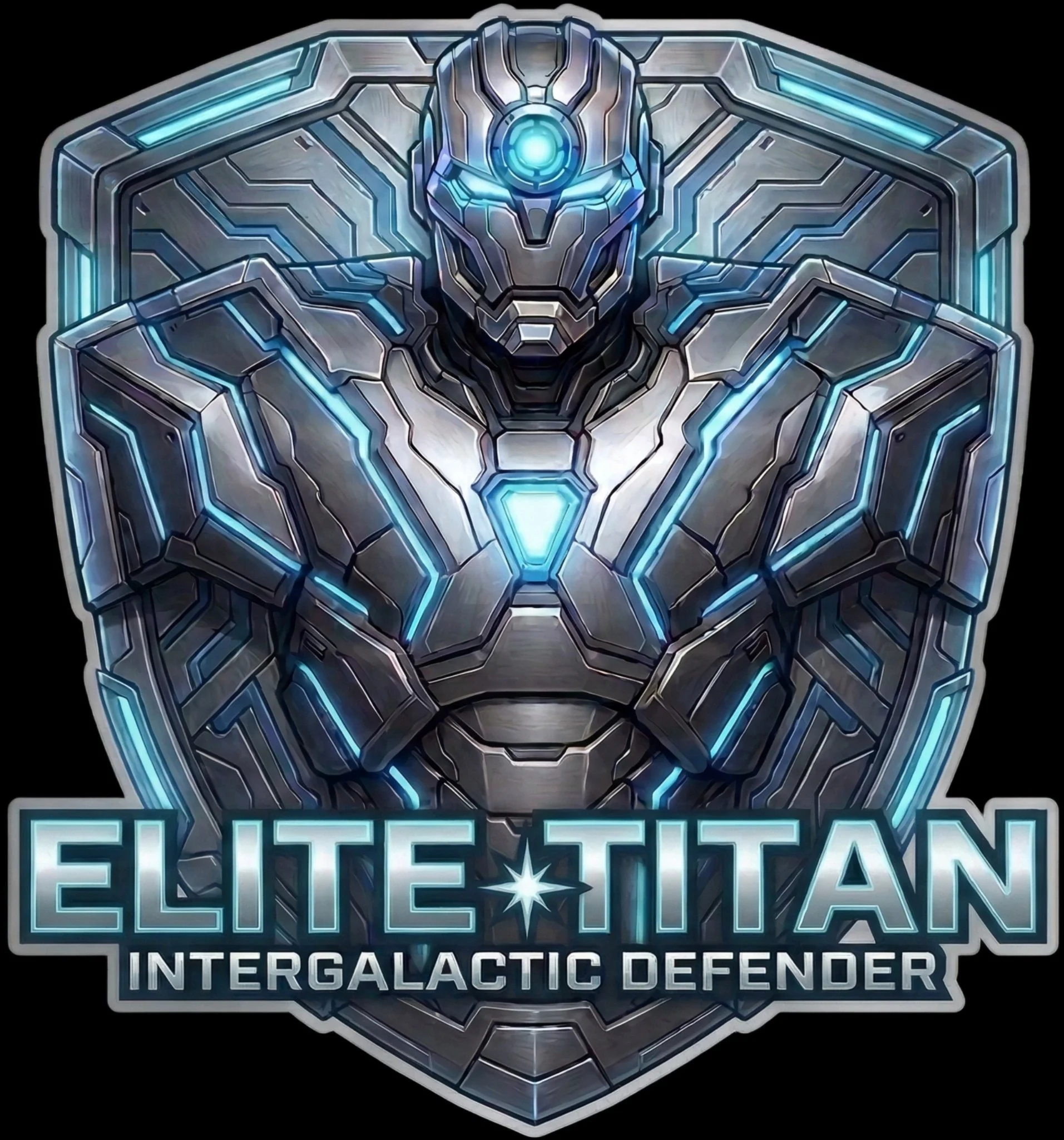 ELITE TITAN // INTERGALACTIC DEFENDER LOGO, METALLIC CYAN ARMOR, SHIELD EMBLEM, BLACK BACKGROUND.