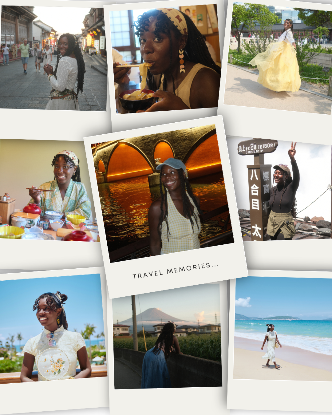 A collage of photos featuring a woman traveling and enjoying various activities in different locations, including dining, sightseeing, and sightseeing.