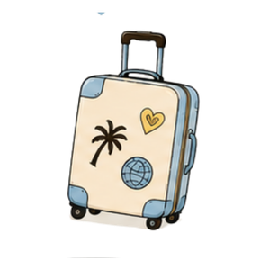 A suitcase decorated with a palm tree, a globe, and a yellow heart, on a black background.
