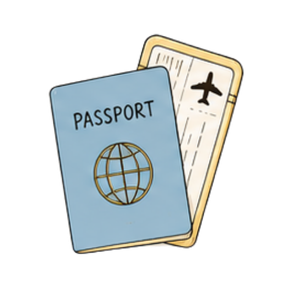 A blue passport and a flight ticket with an airplane icon and dashed lines.