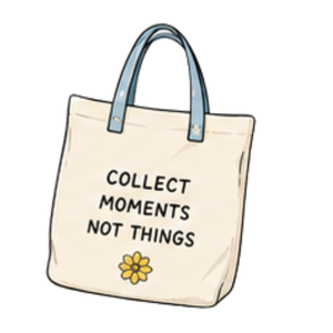 Tote bag with the phrase 'Collect moments not things' and a small yellow flower