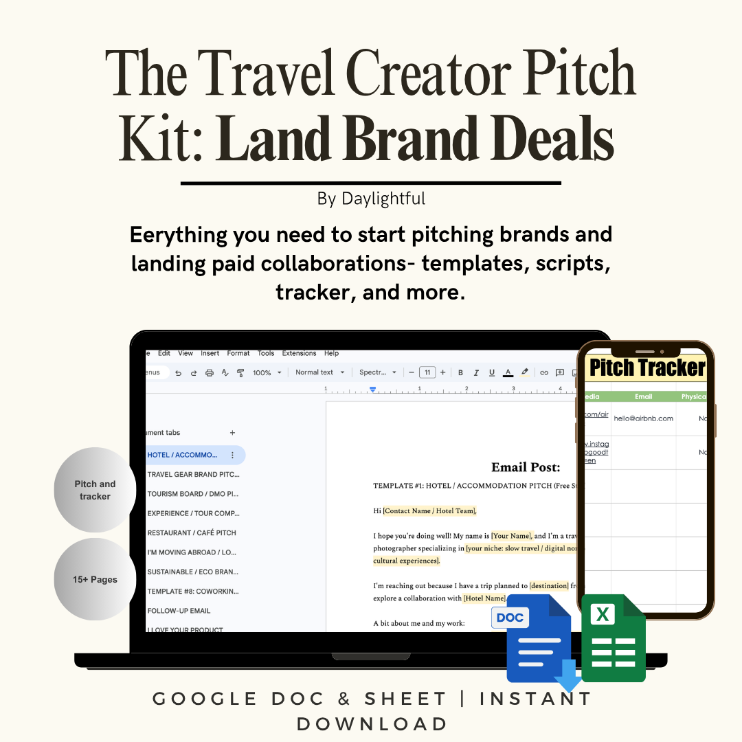 Cover page of a guide titled "The Travel Creator Pitch Kit: Land Brand Deals" by Daylightful, featuring a laptop screen displaying a Google Doc and Google Sheet with pitch templates and trackers, and a smartphone showing a pitch tracker spreadsheet. The guide promotes starting brand pitches and landing paid collaborations for travel content creators.