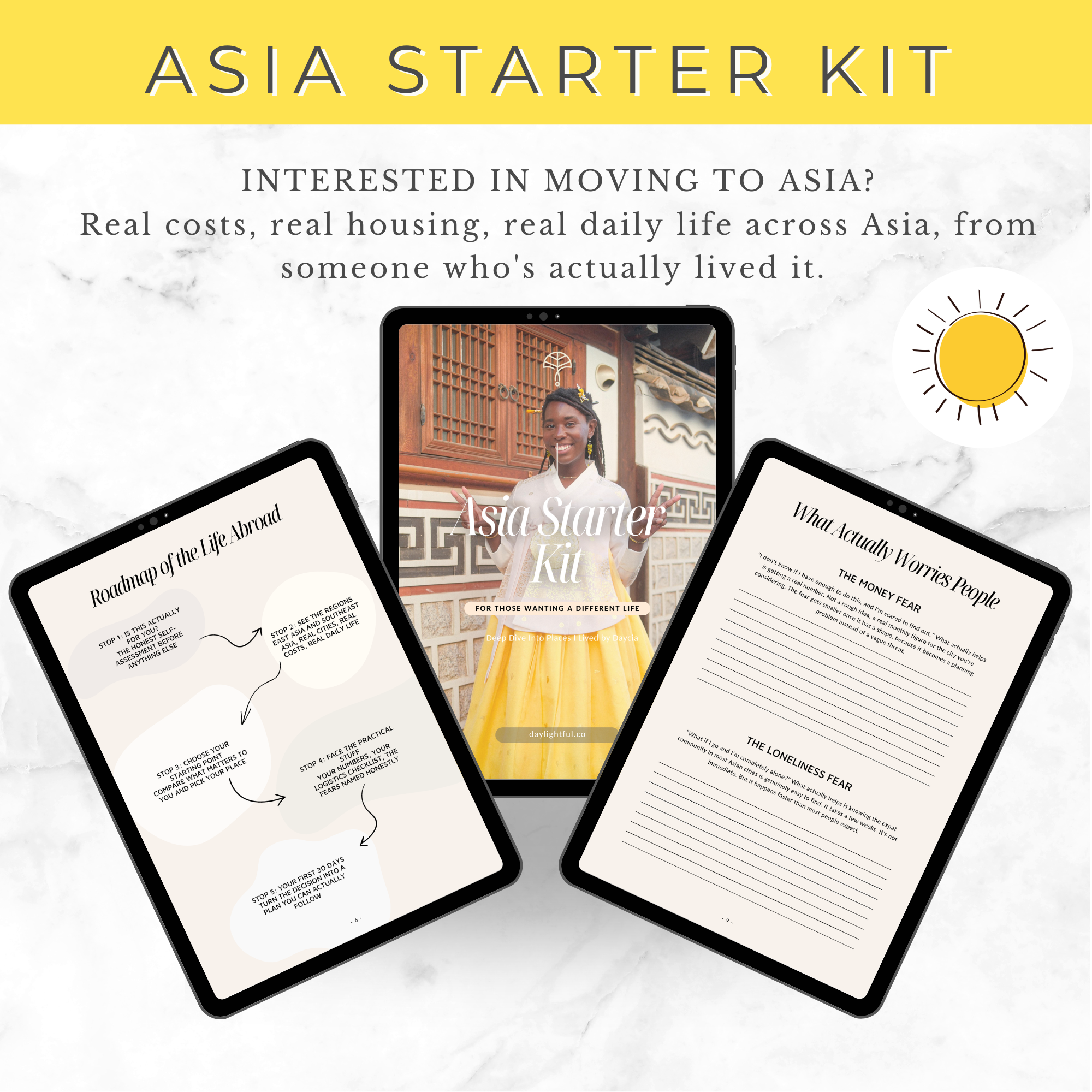 Image of a promotional graphic for the Asia Starter Kit, featuring a woman in traditional attire smiling with her hands raised, and digital tablets displaying information about moving to Asia, including practical steps and considerations.