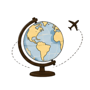 A globe showing the continents of North and South America, with an airplane orbiting around it.