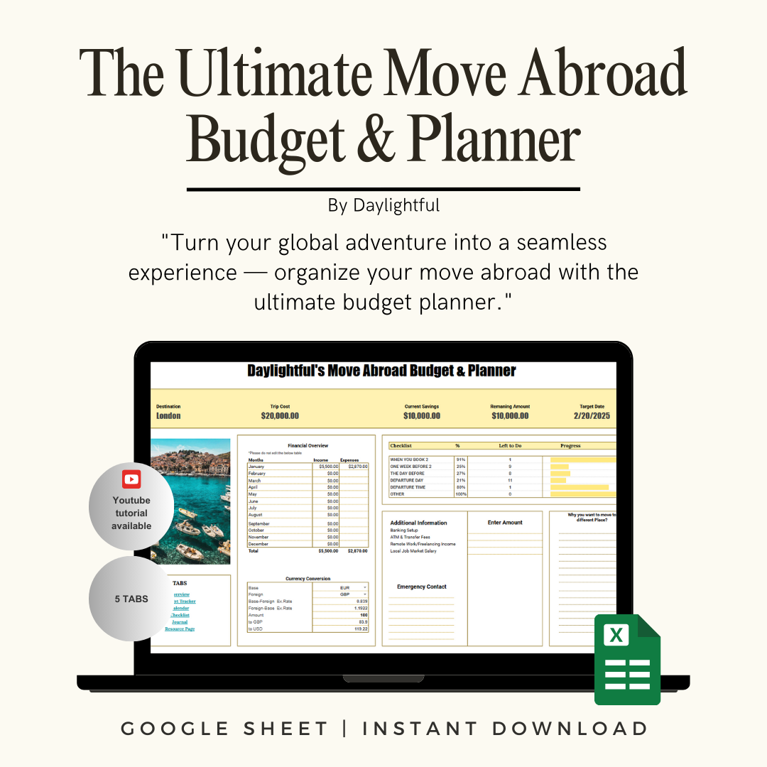 Advertisement for 'The Ultimate Move Abroad Budget & Planner' by Daylightful, featuring a laptop screen with a detailed move abroad budget planner, a YouTube tutorial icon, and a Google Sheets icon, promoting instant download.