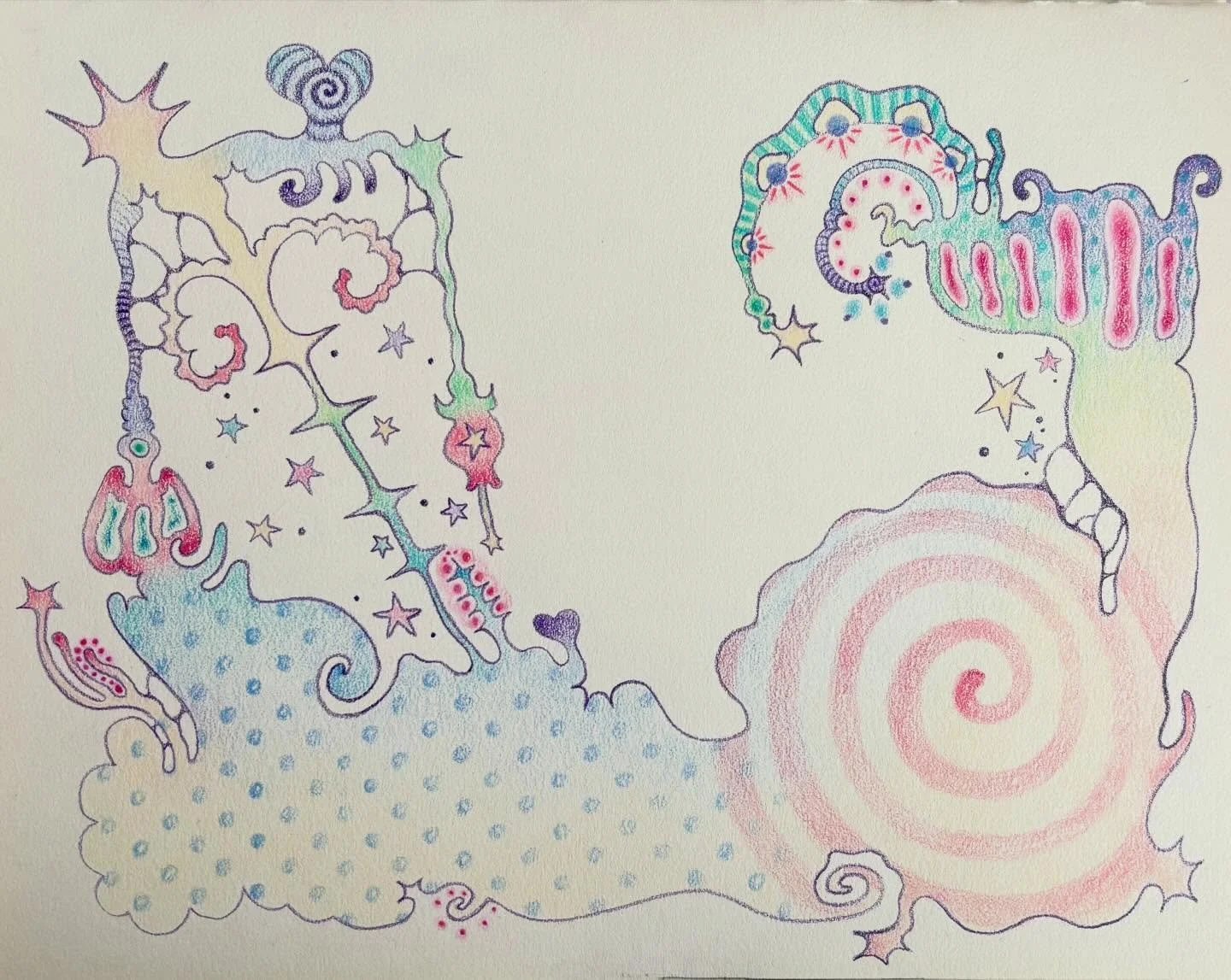 new sketchbook piece i just finished, i had a lot of fun working on it!! the colors kept making me think of sweet tarts!!૮꒰ ˶&bull; ༝ &bull;˶꒱ა 

#whimsicalart #prismacolorpencil #illustrations #sketchbookdrawings #whimsical