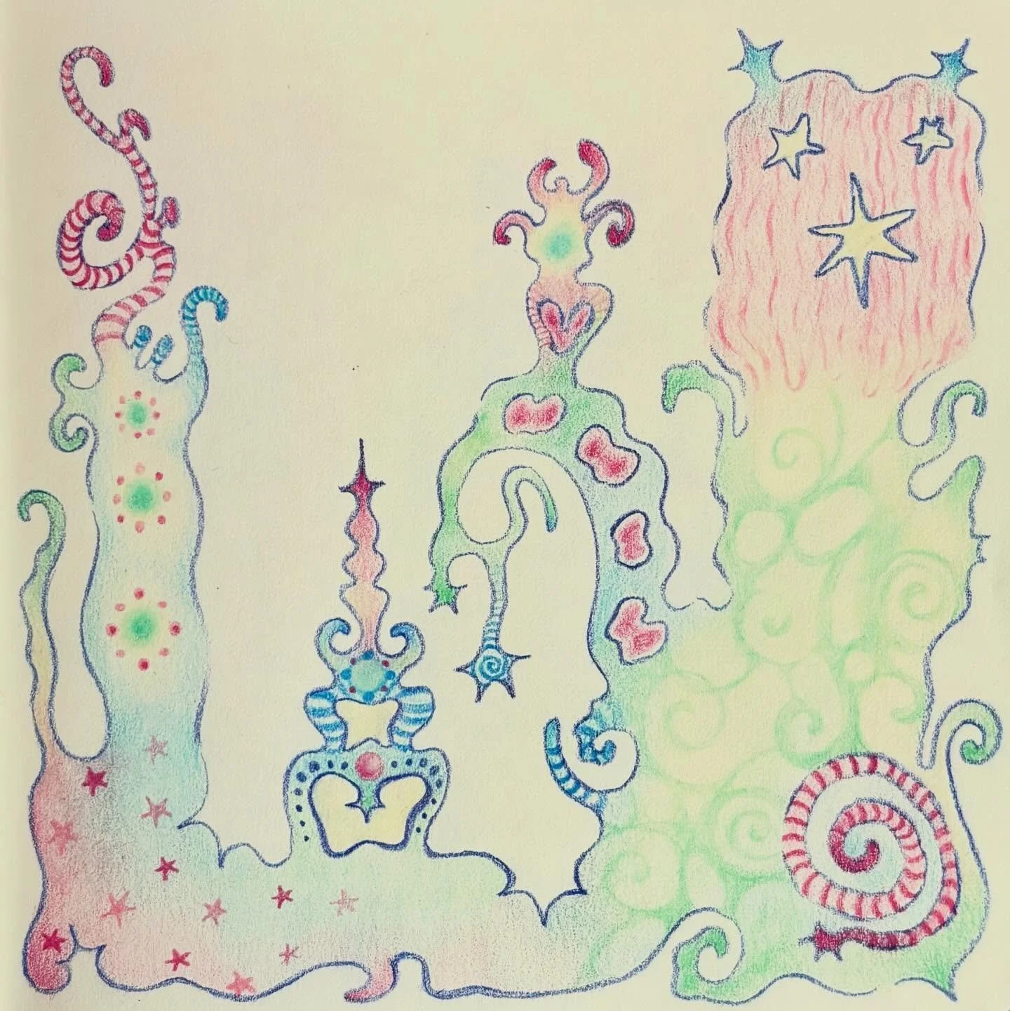 didn&rsquo;t know how to feel about this one at first but now i love it!! idk why i was being so hard on myself, ive grown to love it more!! ☆*:.｡. (๑˃̵ᴗ˂̵)

#whimsicalart #whimsical #colorpencil #prismacolors #sketchbookpage