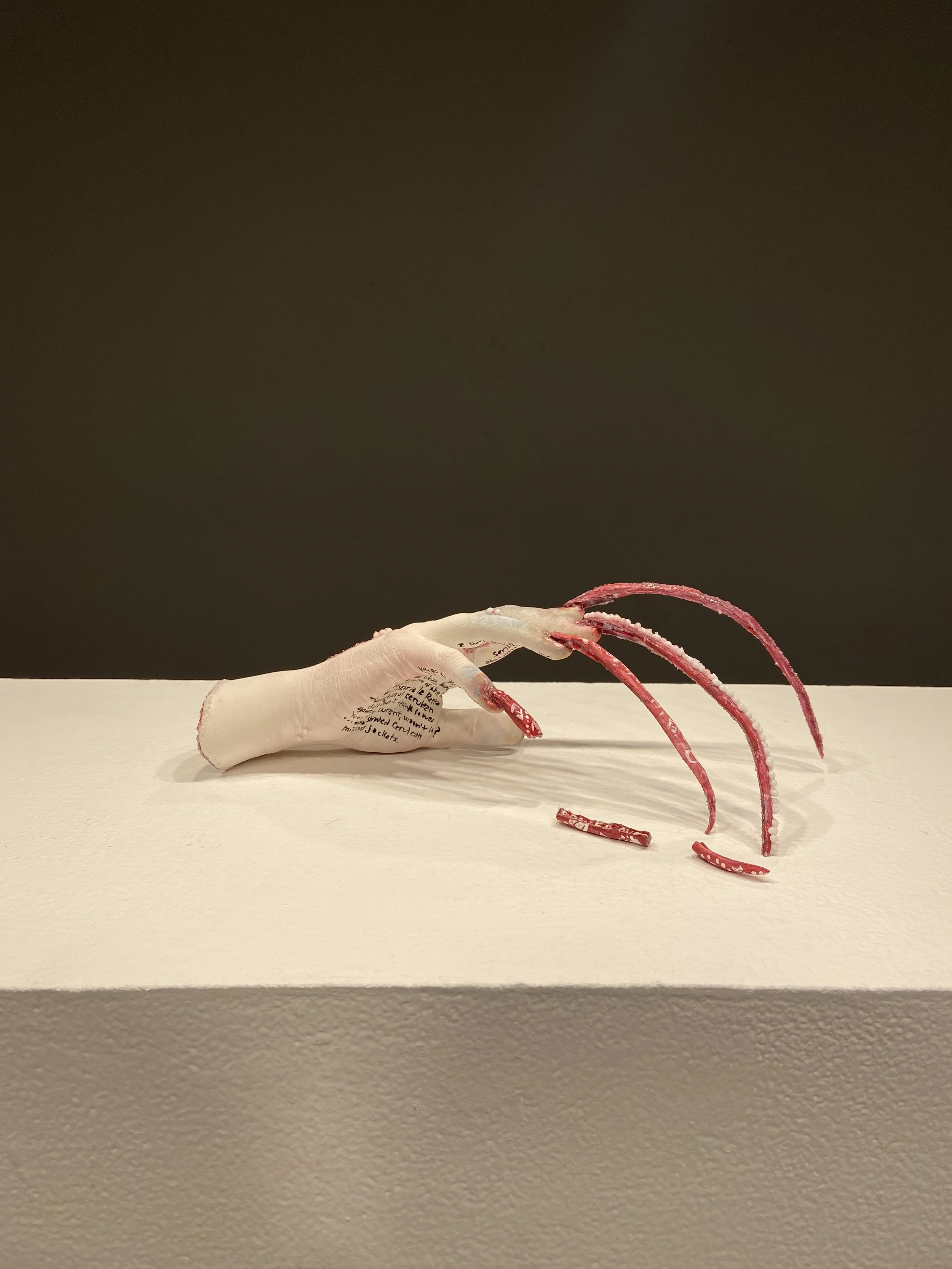 Hand cast, 2023, plaster, acrylic nails, glass bead gel, gouache