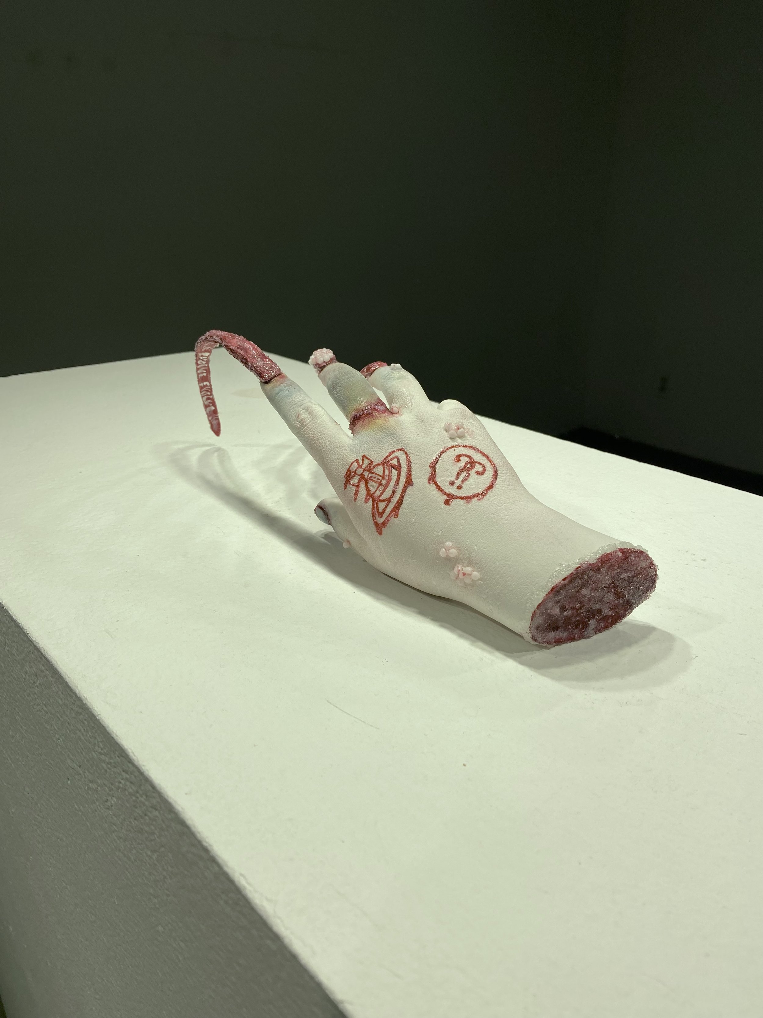 Hand cast, 2023, plaster, acrylic nails, glass bead gel, gouache