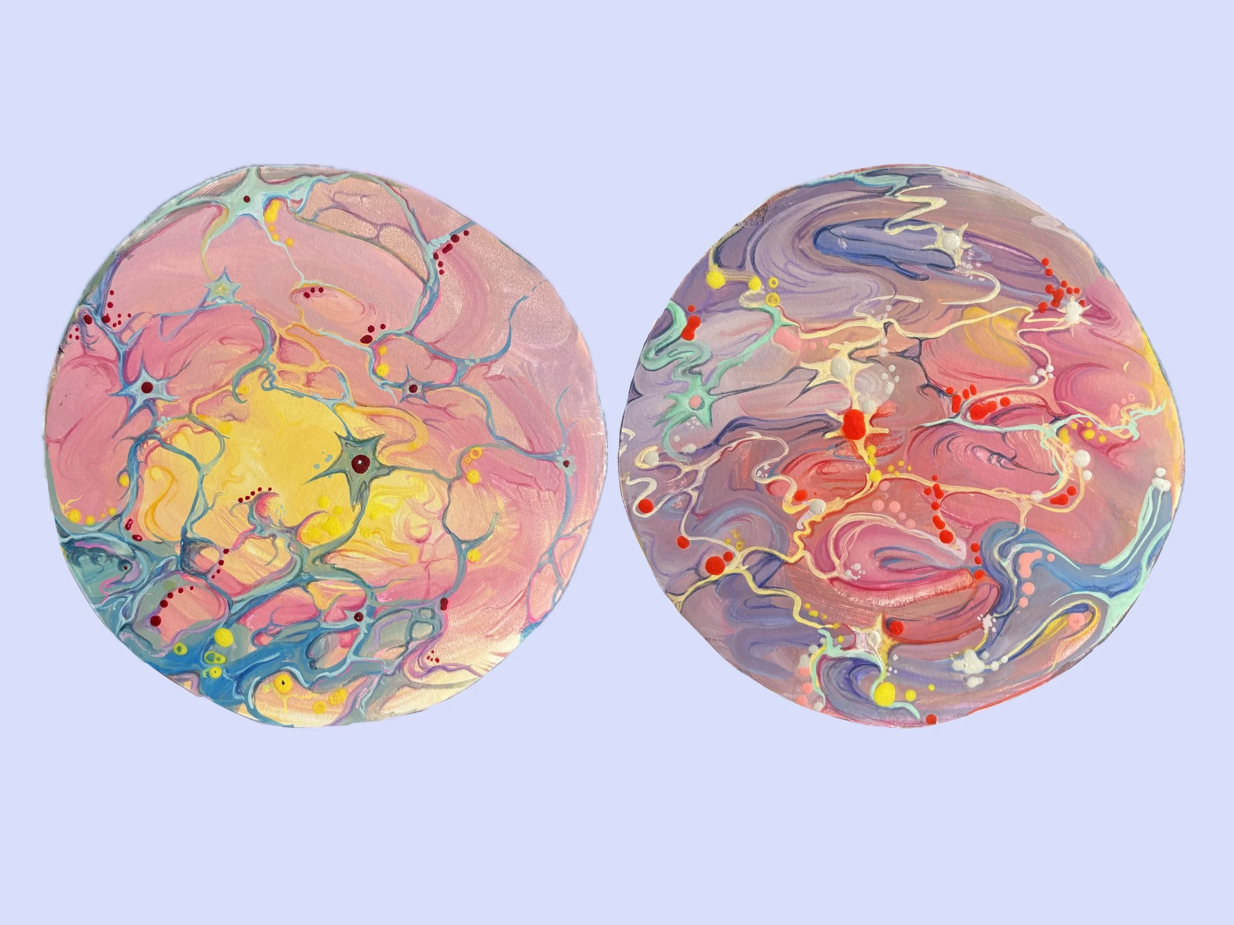 Ex(Pair)iments, 2024, around 7 inches diameter, gouache, color pencil, ink, on foam board