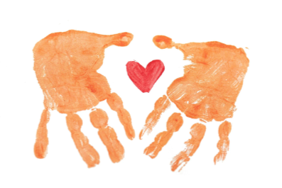 A child's handprints with fingers touching and a small red heart between them.