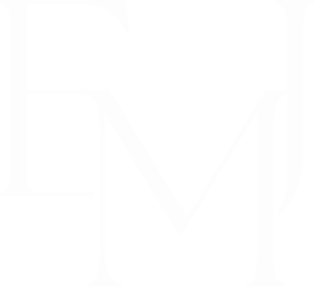 Close-up of a black and white logo with the letters 'E' and 'M' intertwined.