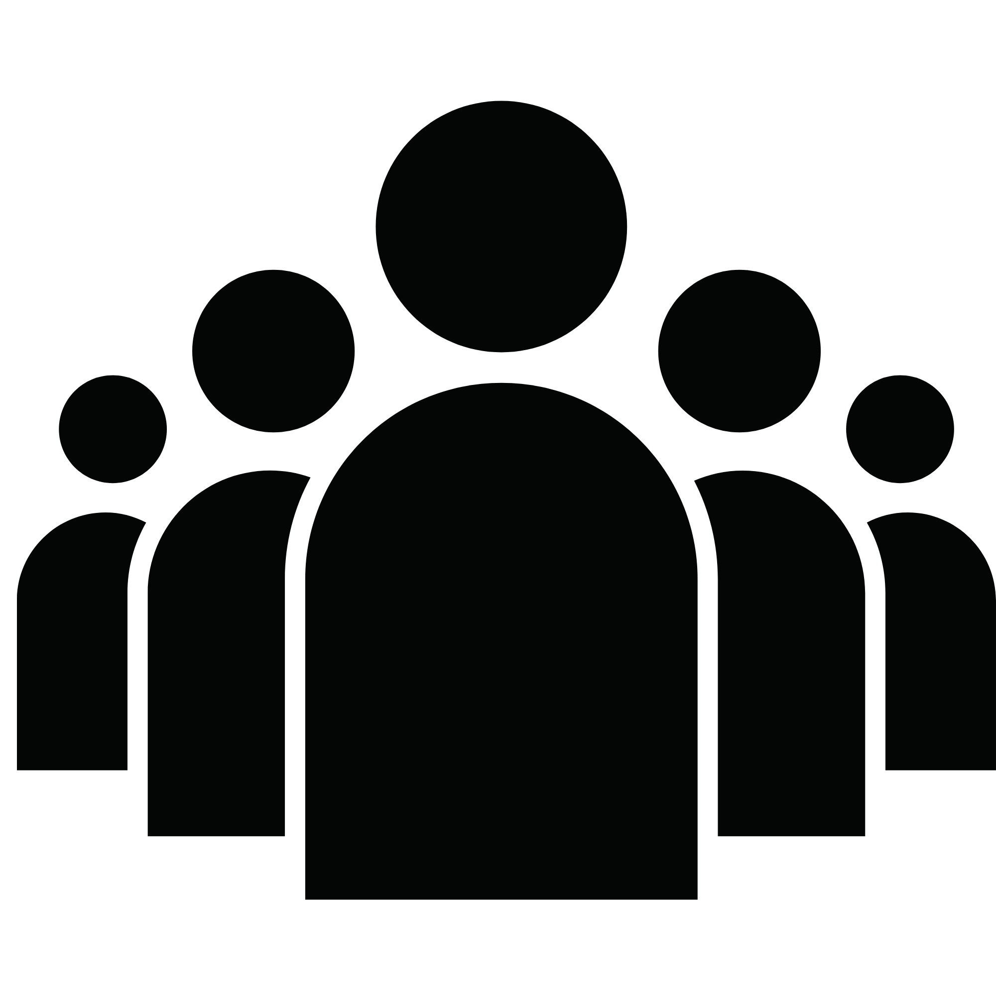 Black silhouette of multiple people against a white background, with one large figure in the center and smaller figures surrounding.