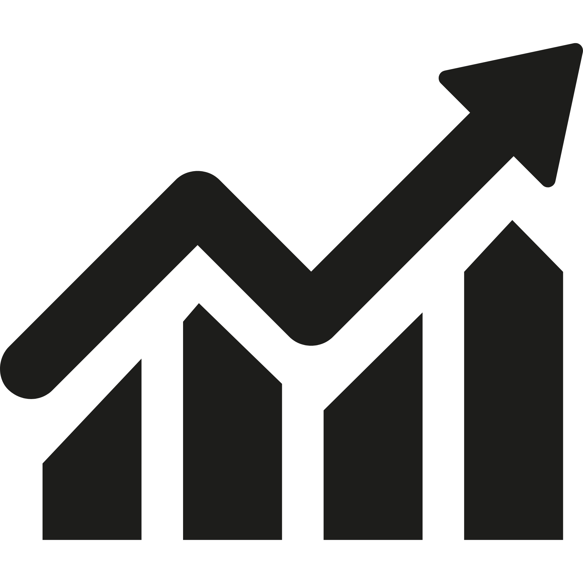 Black upward arrow on white background with mountain-like shapes underneath.