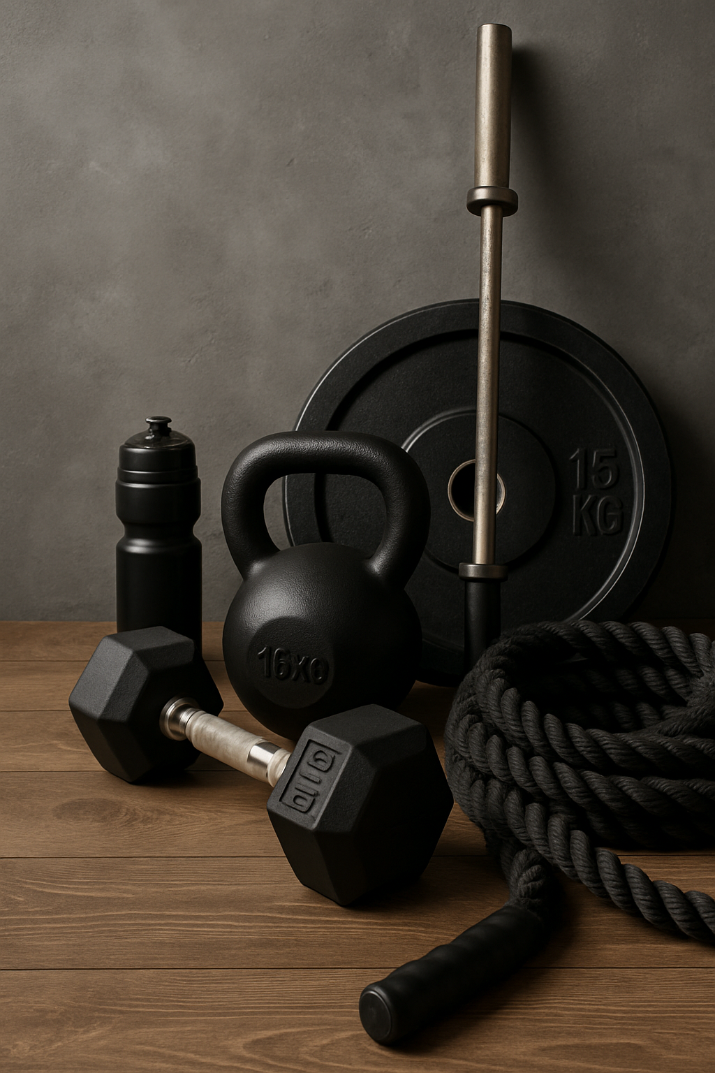 Assorted fitness equipment including a kettlebell, dumbbells, weight plates, a rope, a water bottle, and a barbells on a wooden floor against a gray wall.