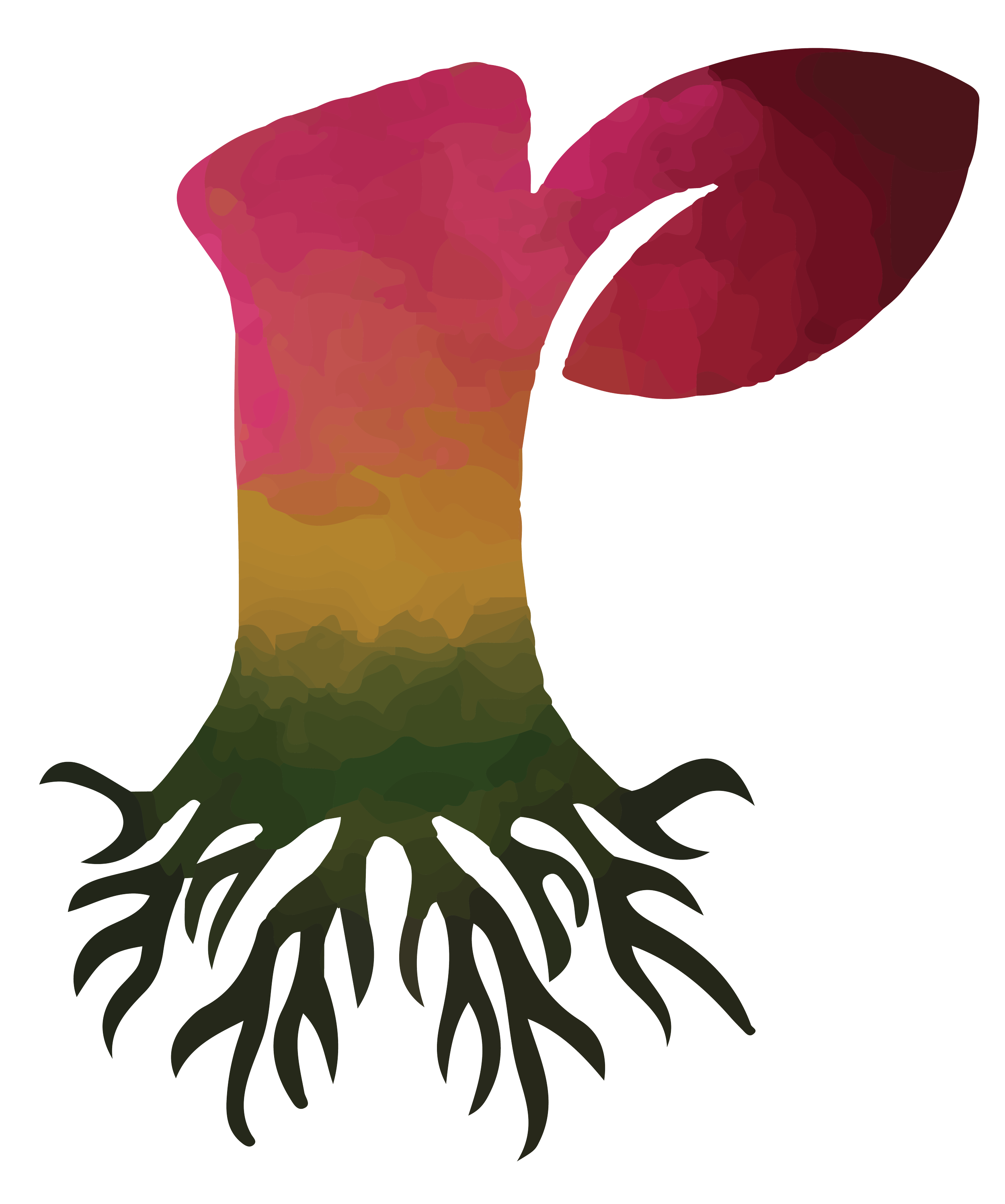 Illustration of a pink and red flower with long green leaves and roots.