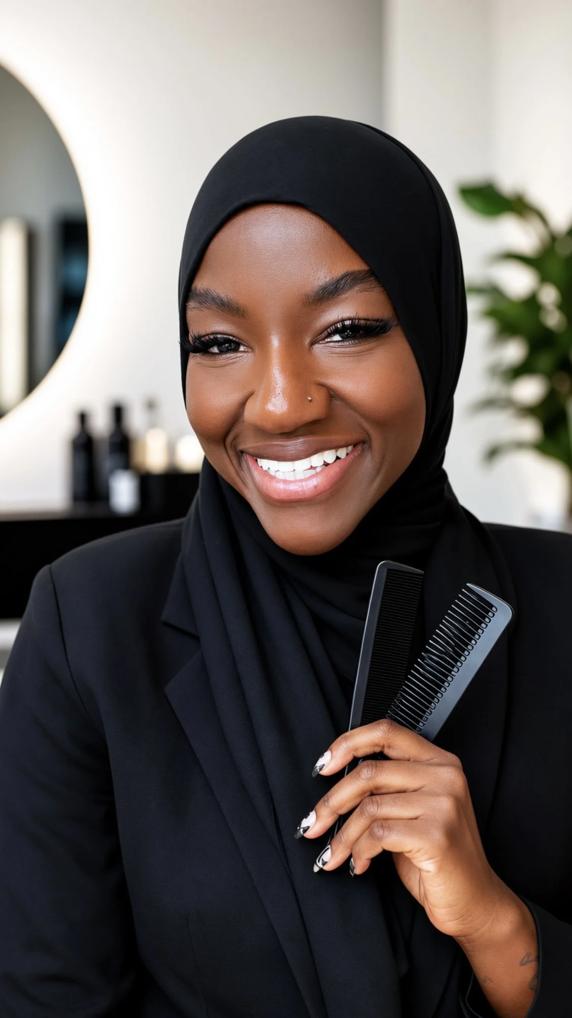 A woman wearing a black hijab and a black blazer, smiling, holding a black comb, in a modern salon or spa setting.