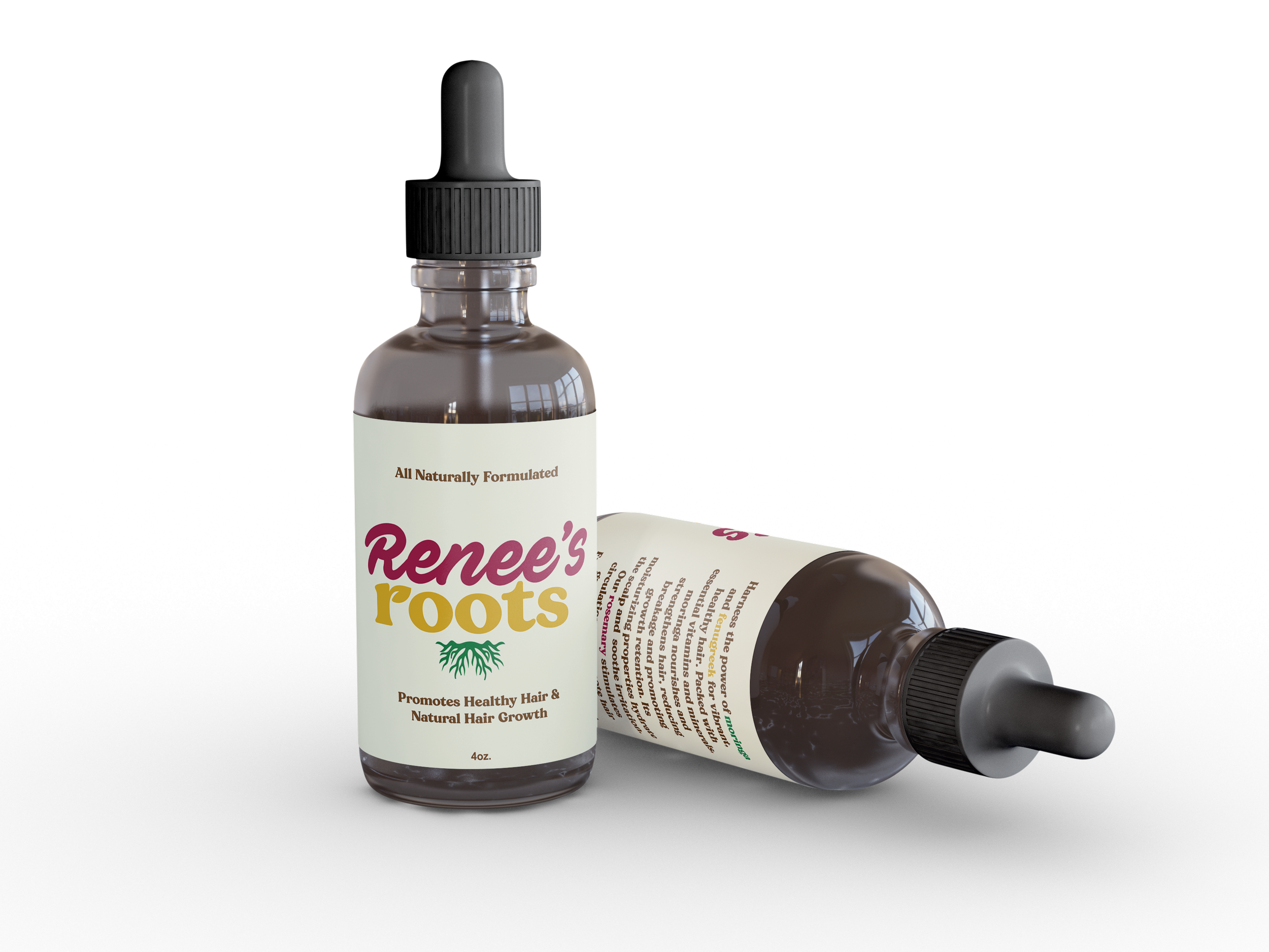 A small dark dropper bottle of Renee's Roots hair oil with a white label, black dropper cap, and ingredients text, lying on its side with a plain white background.