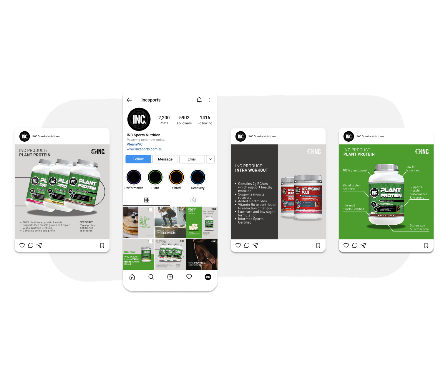 A collage of social media posts and product packaging for INC Sports Nutrition's plant-based protein and intra-workout supplements.