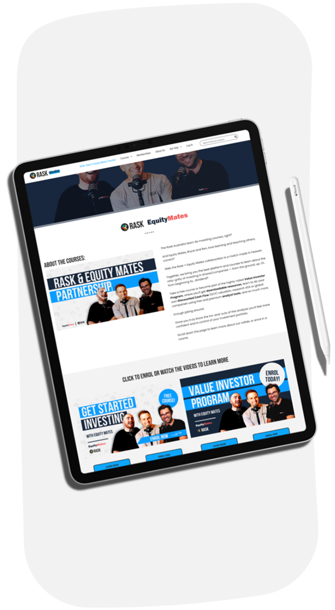 A mockup of a website displaying an online investment course by RASK, featuring images of thumbnails and blue call-to-action buttons.