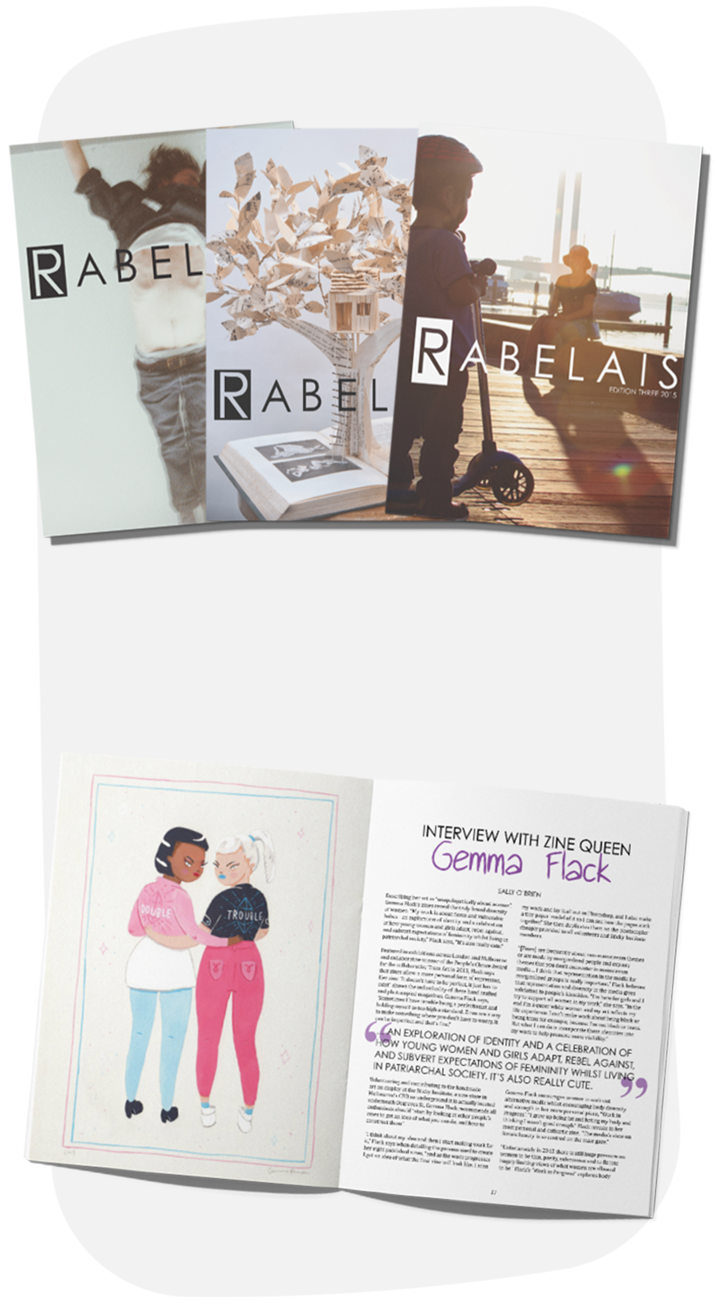 Photo of Rabelais magazines with covers and pages visible, including illustrations and an interview article written by Sally O'Brien.