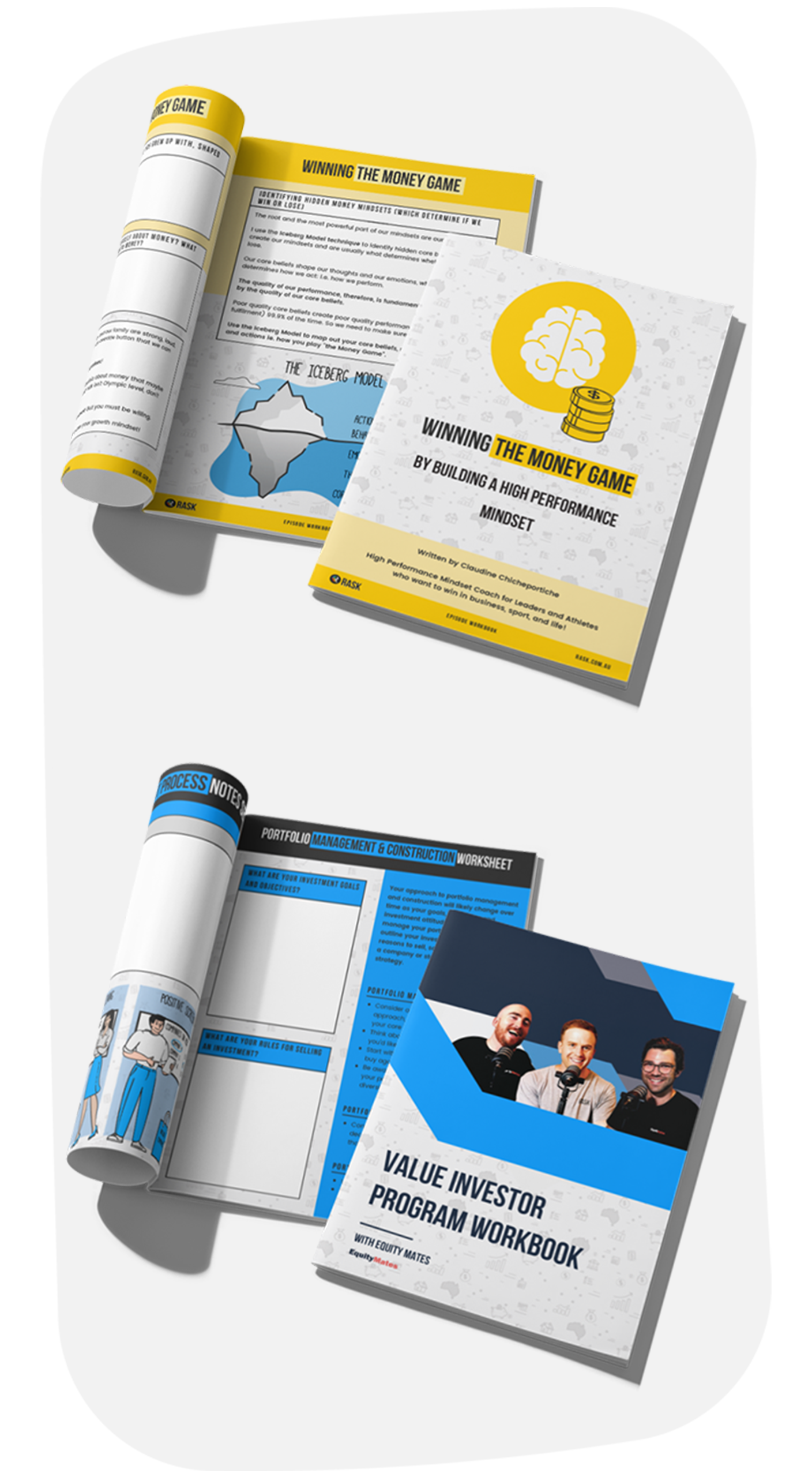 Open magazines and workbooks about financial success and investment strategies, including titles like "Winning the Money Game" and "Value Investor Program Workbook", with photographs of smiling people at a podcast or conference.