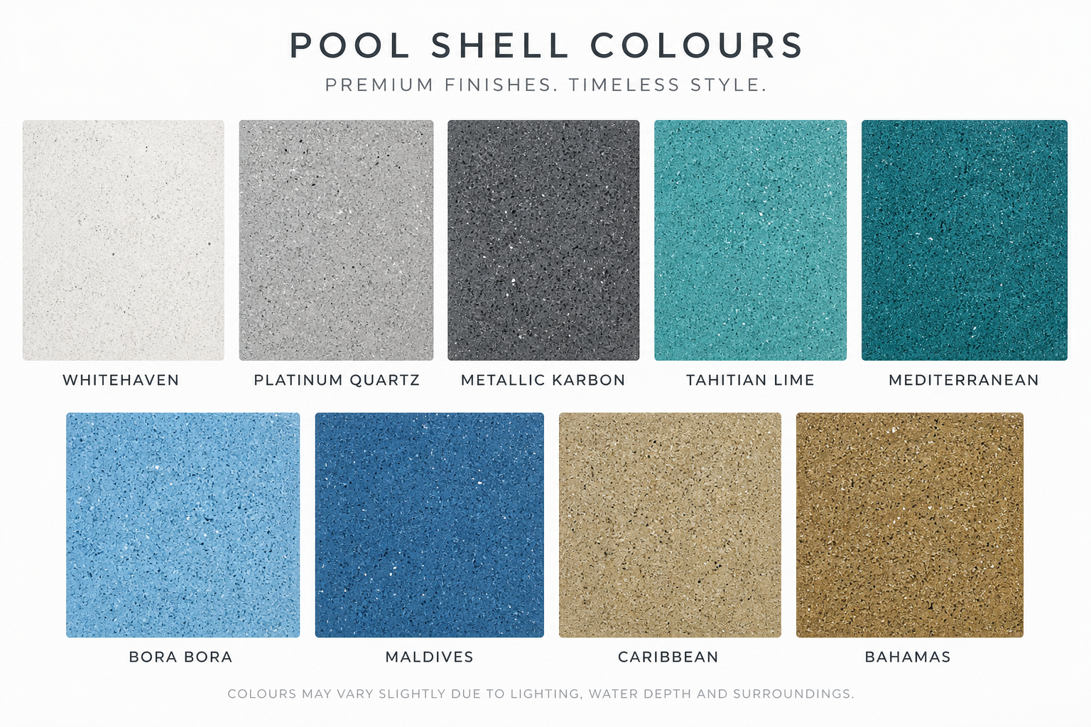 A display of eight different pool shell colors with names and textures: Whitehaven, Platinum Quartz, Metallic Karbon, Tahitian Lime, Mediterranean, Bora Bora, Maldives, Caribbean, and Bahamas. The text indicates these colors are premium finishes with a timeless style, noting slight variations due to lighting and surroundings.