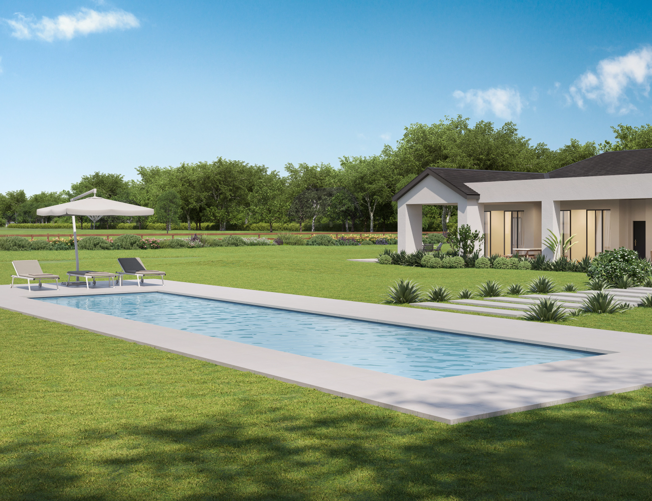 A backyard scene with a rectangular swimming pool, lounge chairs, and an umbrella, alongside a modern house surrounded by green grass, trees, and landscaped bushes under a blue sky.