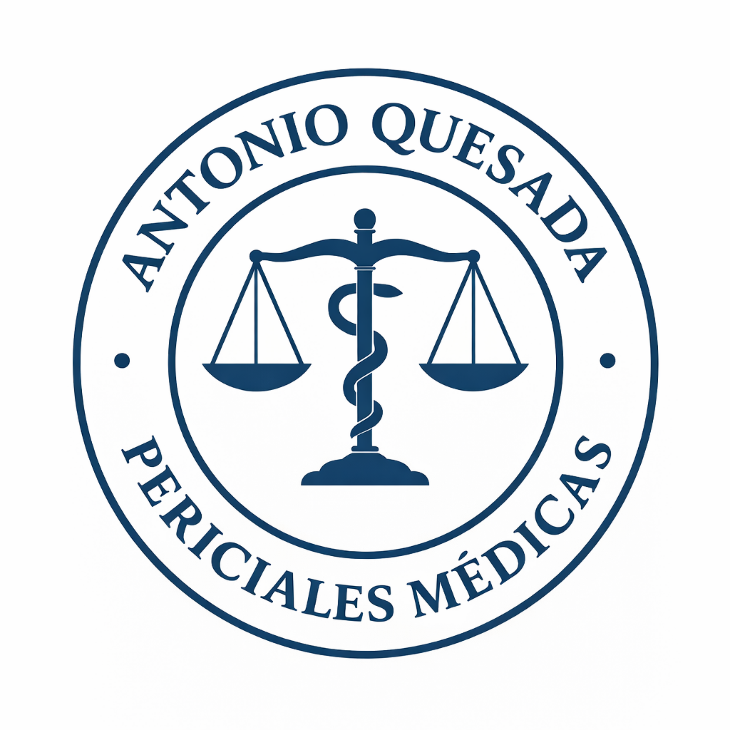 Logotipo circular en azul con una balanza y una serpiente en el centro, y texto en latín que dice 'Non Qui Sed Per'.