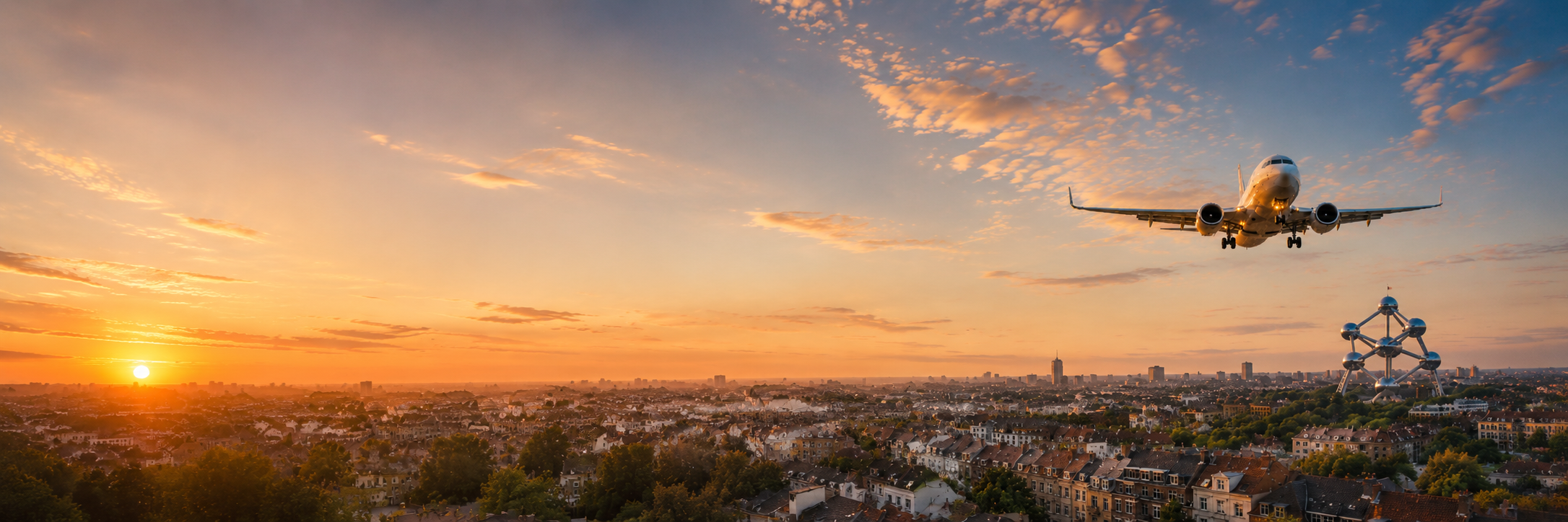 Un avion en vol dans le ciel au coucher du soleil au-dessus de la ville, avec la silhouette de l'Atomium à Bruxelles en arrière-plan.
