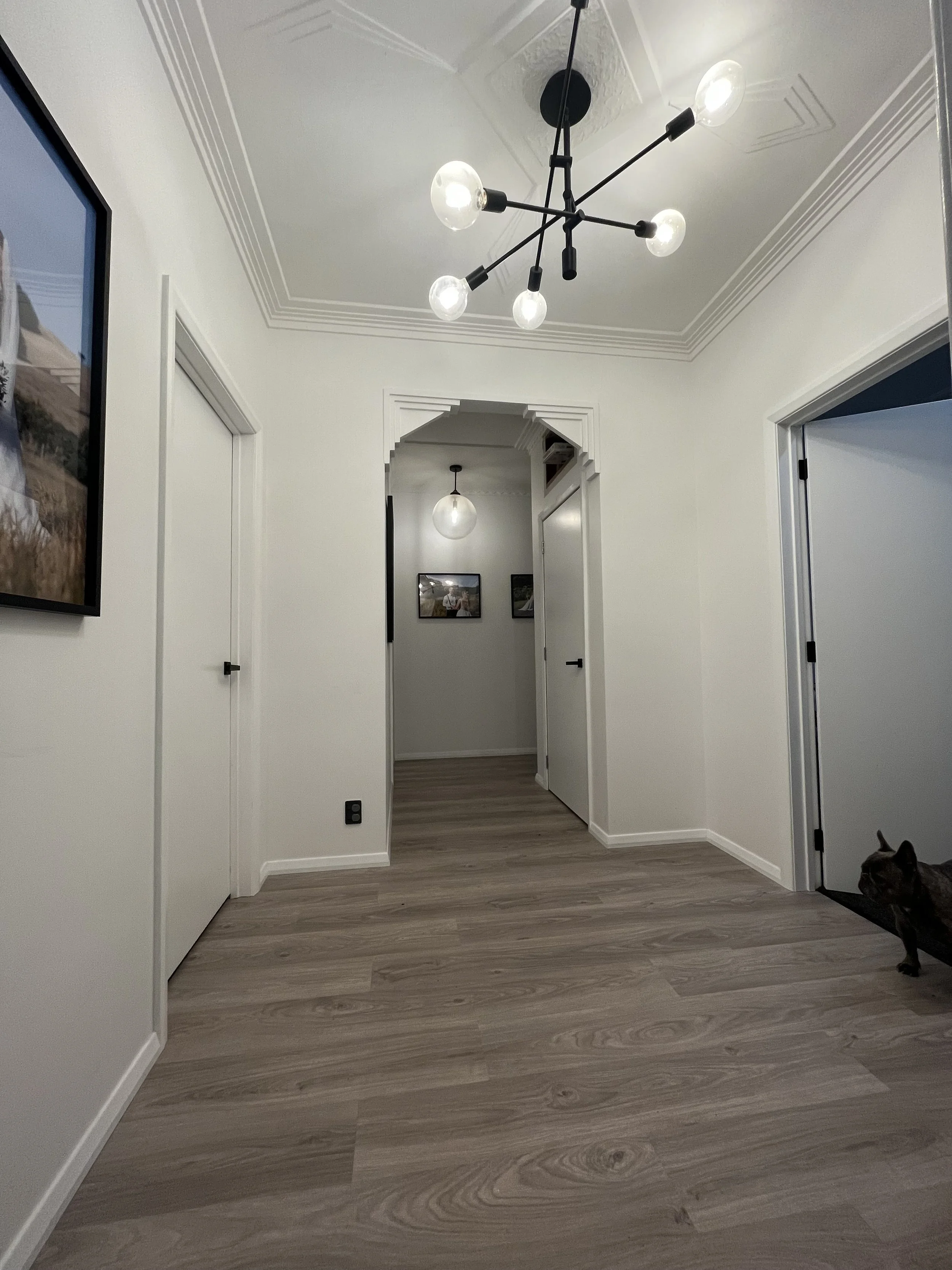 A hallway with white walls and ceiling, light wood flooring, a modern black chandelier with six exposed bulbs hanging from the ceiling, and a door leading to a room with a ceiling light and framed pictures on the wall. A dog is partially visible on t