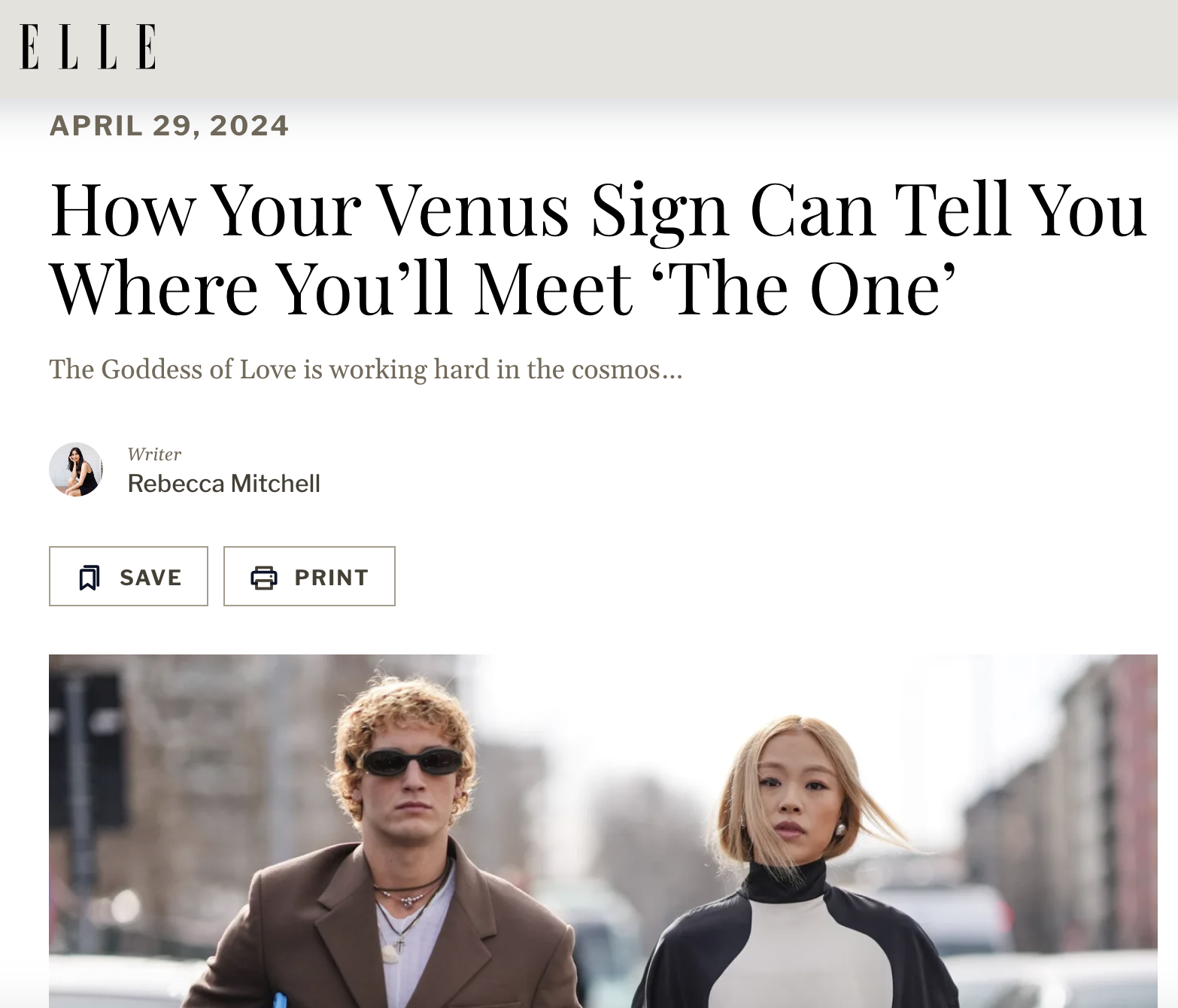 ELLE magazine article titled "How Your Venus Sign Can Tell You Where You'll Meet 'The One'" by astrology and horoscope writer Rebecca Mitchell with a photo of two young women and a young man walking outdoors on a city street.