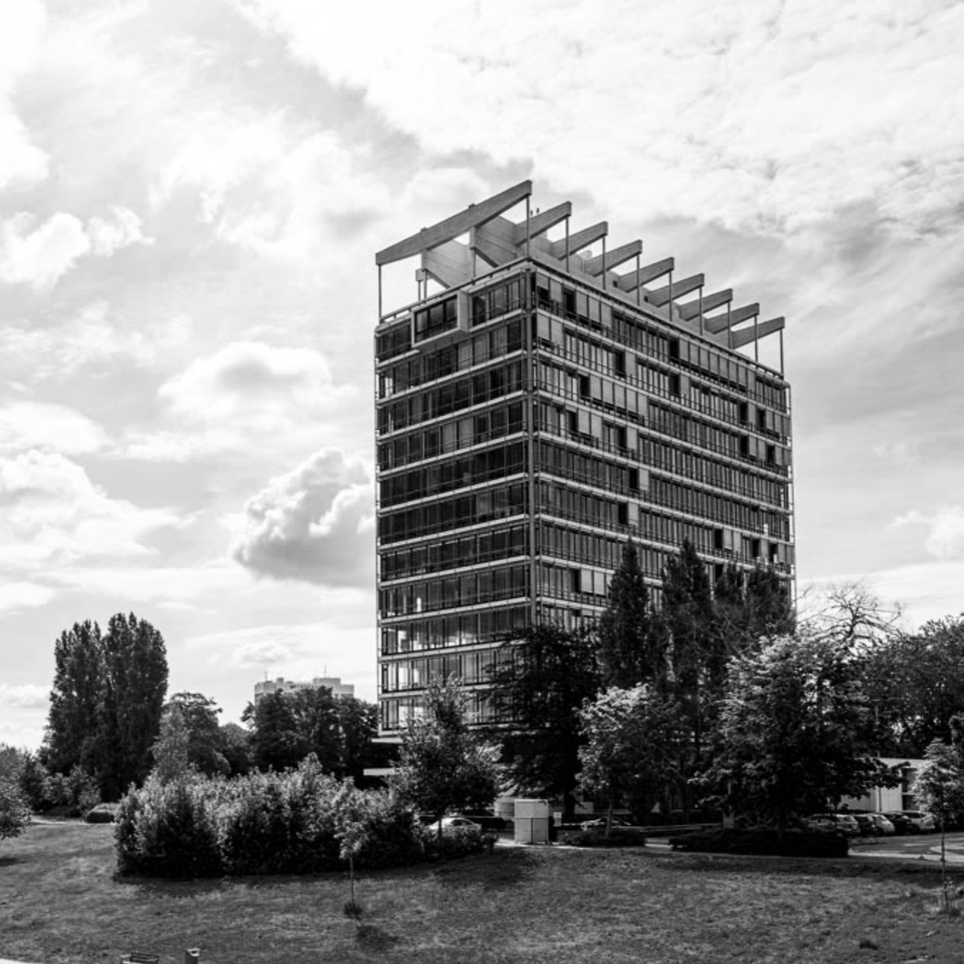Black and white photo of a modern high-rise building surrounded by trees in a park.
