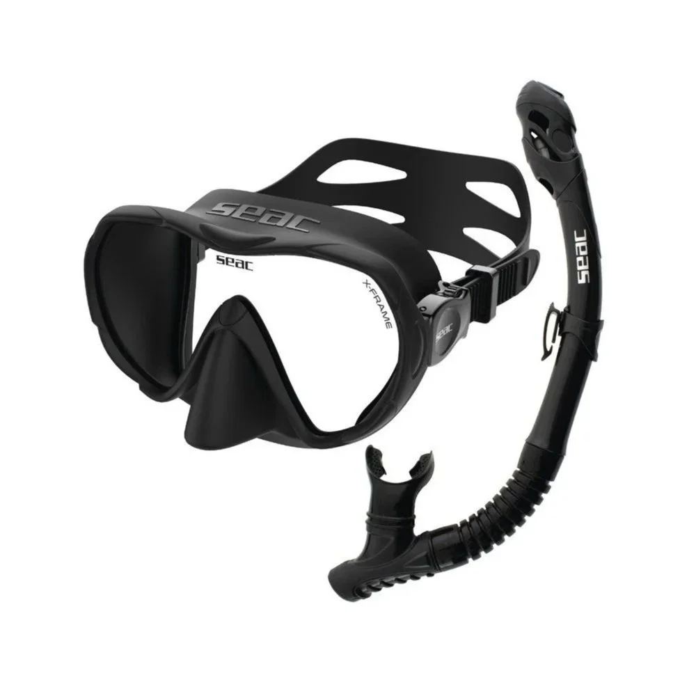 A set of black snorkeling gear, including a mask with a rubber skirt and adjustable strap, and a snorkel with a mouthpiece and flexible tube.