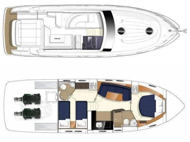 Top view of a yacht's interior and exterior layout with cabins, living areas, kitchen, bathrooms, and engine room.