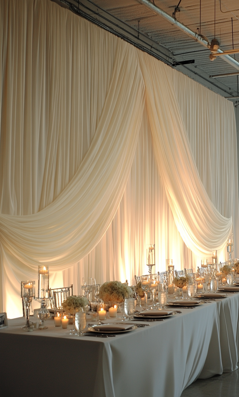 Elegant banquet table setup with white tablecloth, floral centerpieces, candles, and glassware, against a backdrop of flowing white drapery and warm lighting, in an indoor event space.