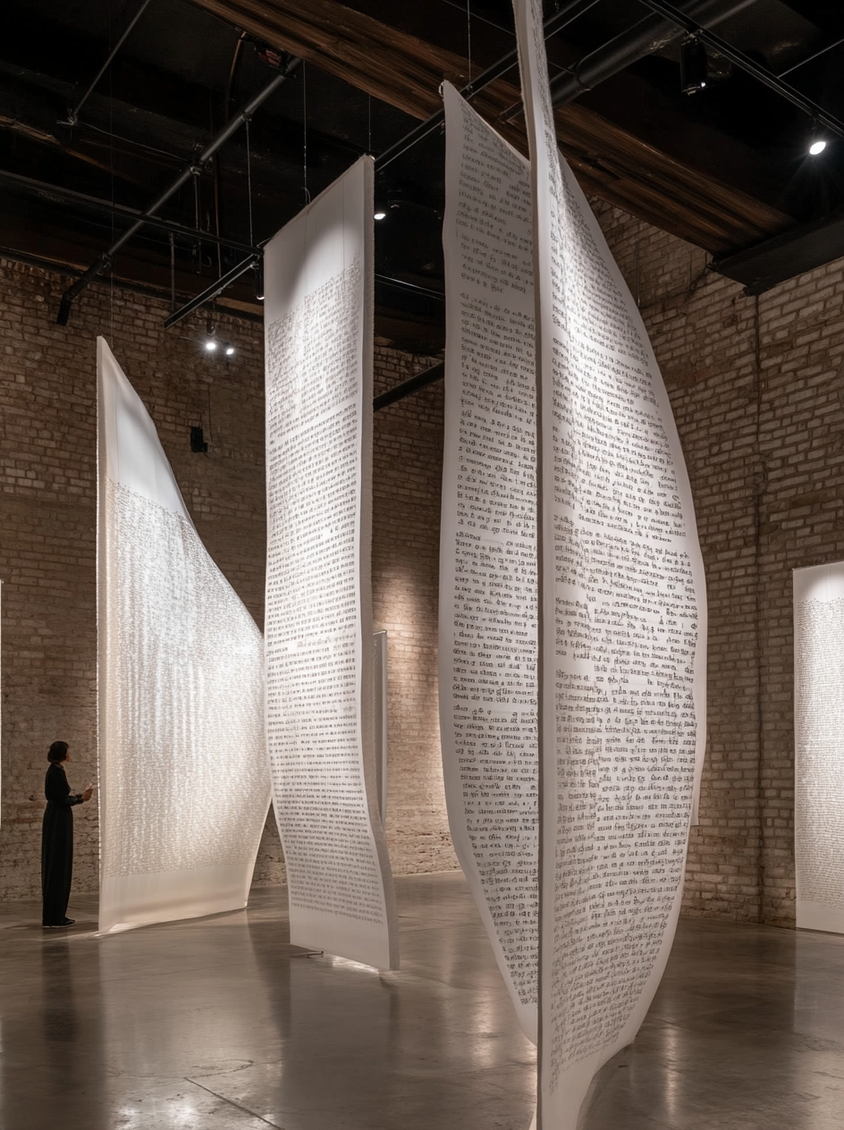 Art installation featuring large suspended panels with printed text in a gallery with brick walls and polished concrete floors.