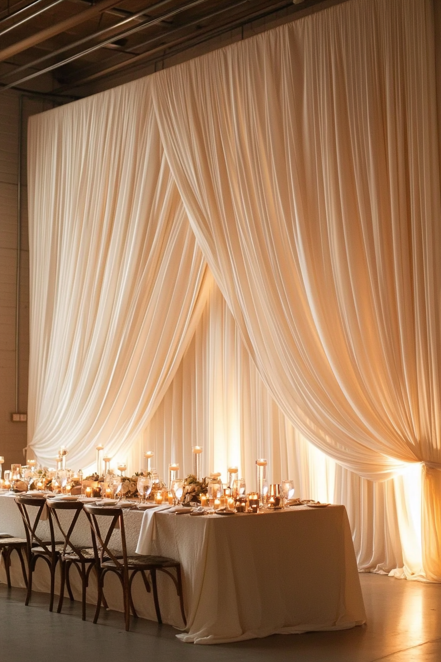 Elegant banquet table with white tablecloth, surrounded by chairs, lit by numerous candles, set against large cream-colored draped curtains in a venue prepared for a special event or wedding reception.