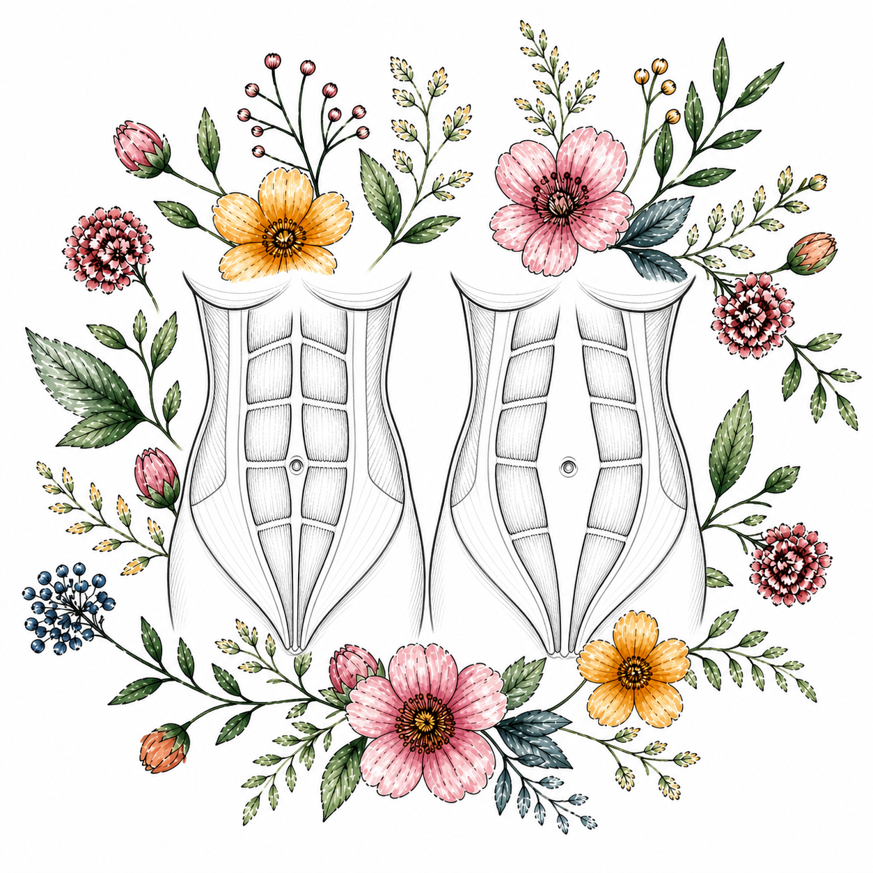 Colorful floral arrangement with pink, orange, yellow, and blue flowers surrounding a black-and-white anatomical illustration of a female torso.