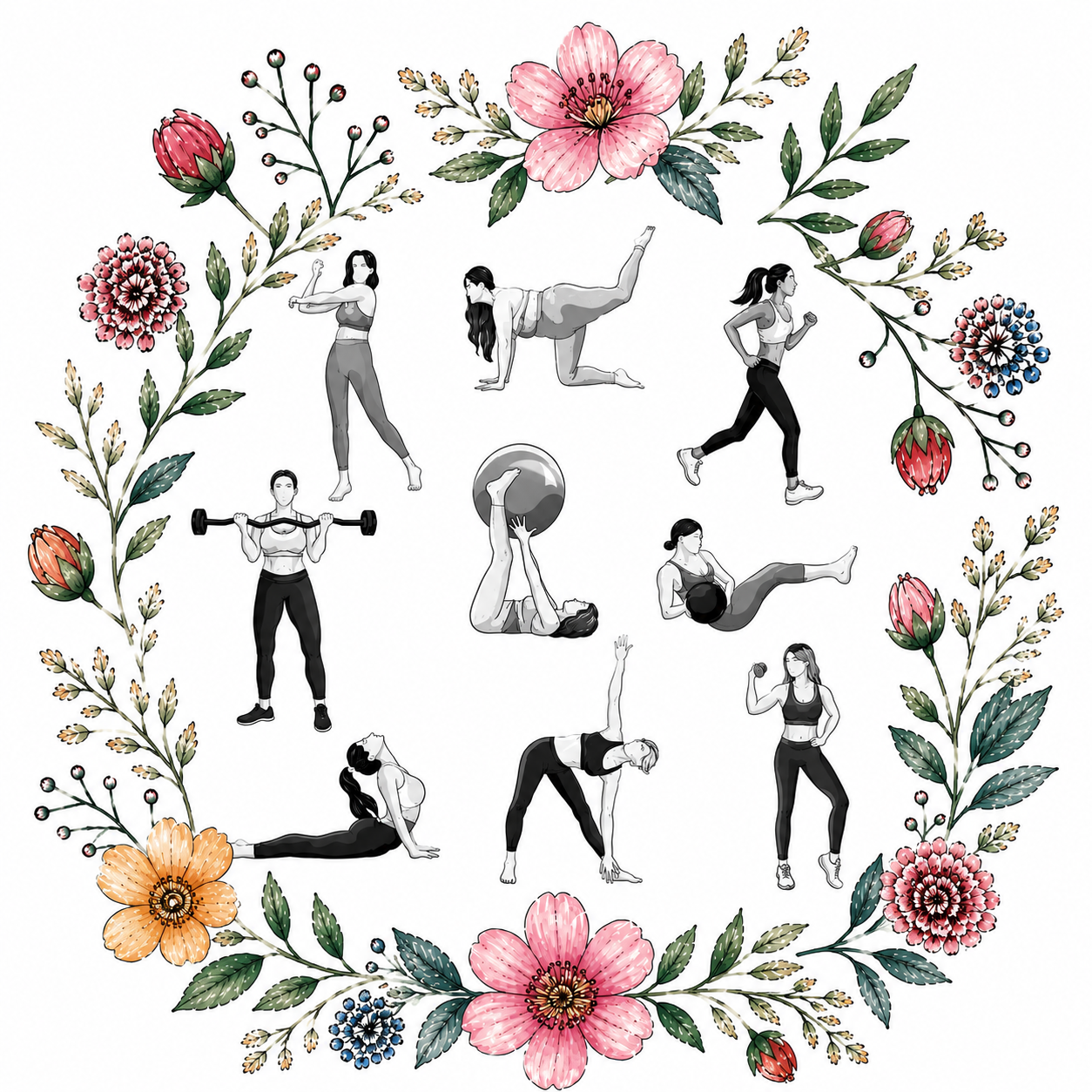 Illustration of various women performing different exercise movements surrounded by a floral border of pink, orange, purple, and blue flowers with green leaves.