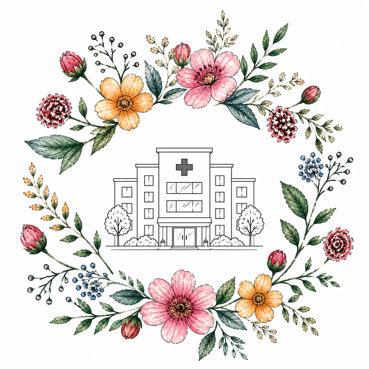 Illustration of a hospital building surrounded by colorful flowers and green leaves.