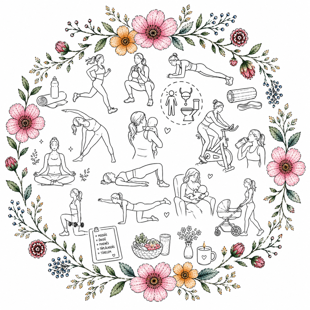Illustration of various fitness and wellness activities surrounded by a floral border, including running, cycling, yoga, meditation, weightlifting, stretching, baby care, and a person drinking water.