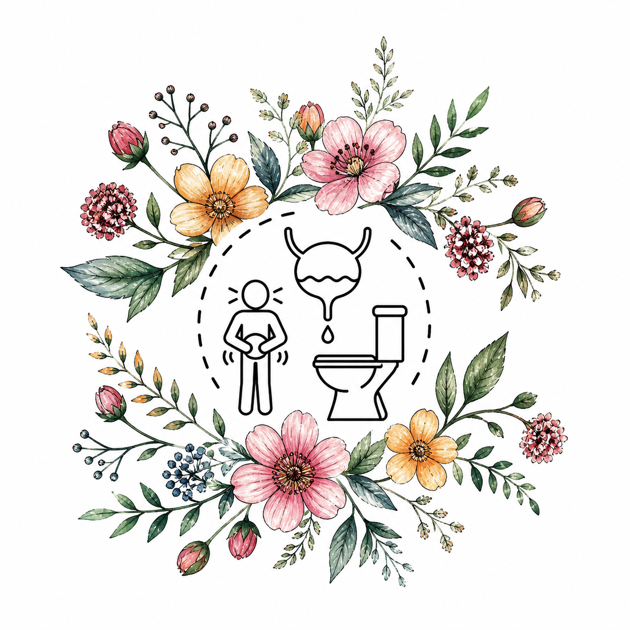 Illustration of a person experiencing diarrhea, surrounded by colorful flowers and leaves, indicating digestive health or bowel issues.