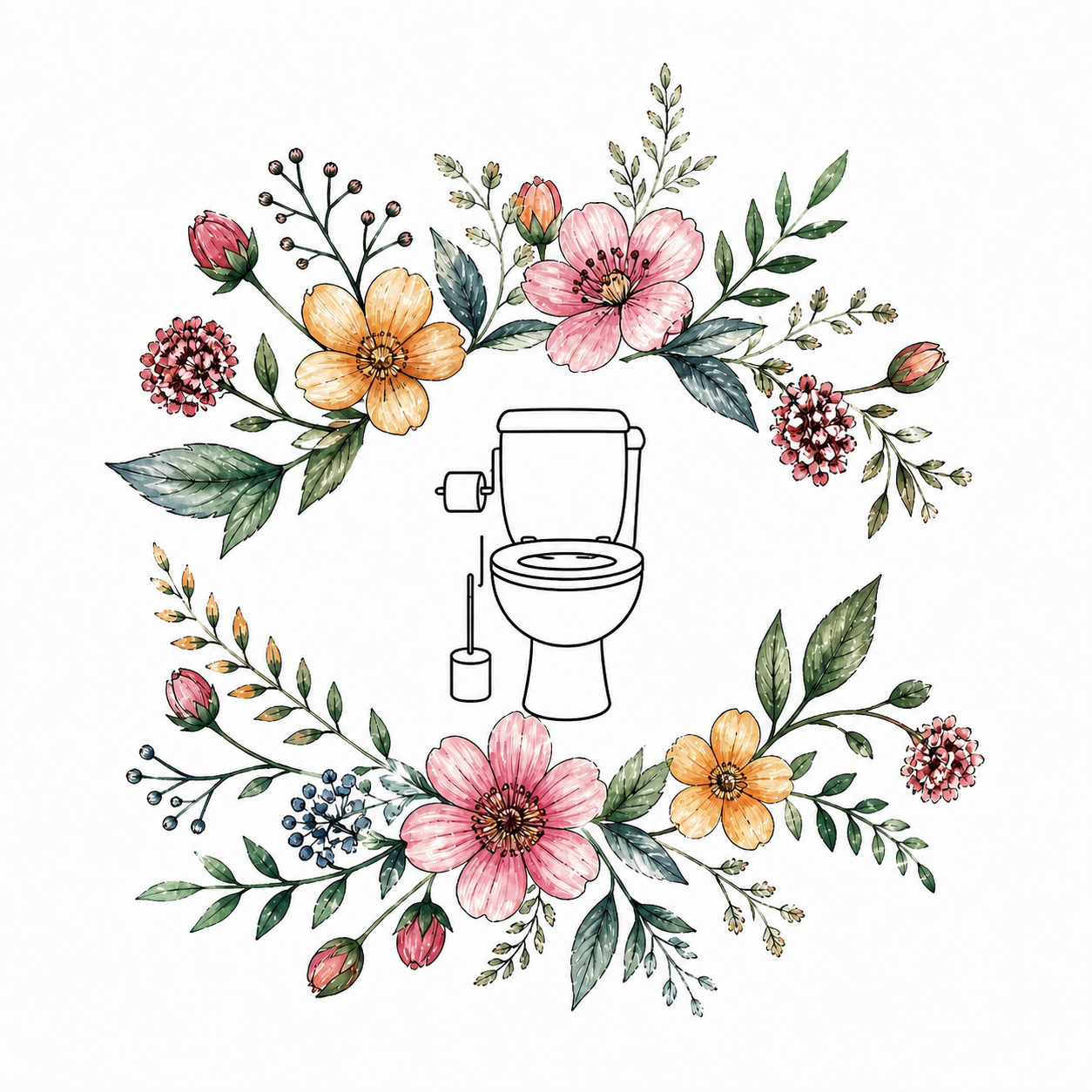 A decorative illustration of a toilet surrounded by a floral wreath with pink, orange, and red flowers and green leaves.
